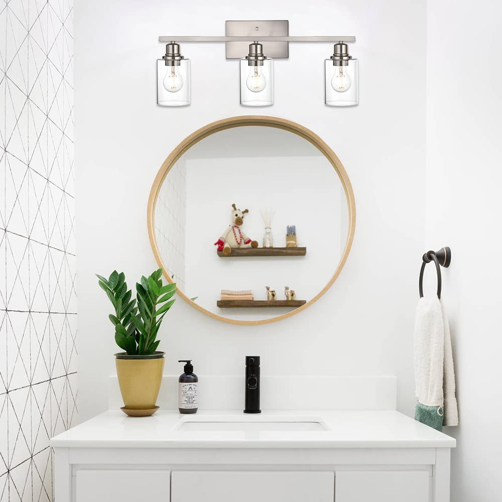 VINLUZ 3 Light Indoor Vanity Light Fixture, Brushed Nickel with Clear Glass Shade, Farmhouse Bathroom Lighting for Mirror, Porch, Workshop
