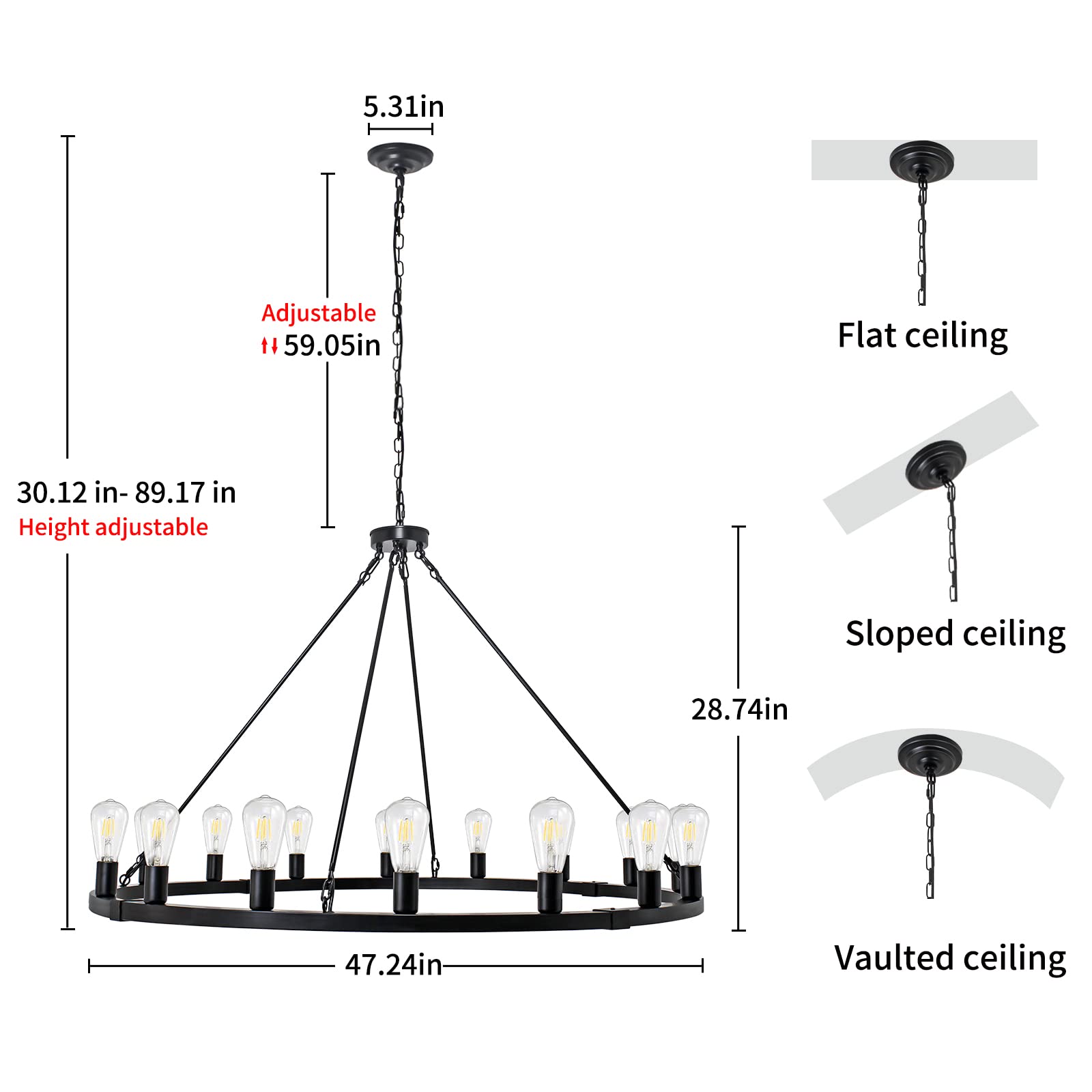 Rviezza 16-Light 48" Large Wagon Wheel Chandelier,Farmhouse Chandelier, Rustic Vintage Black Round Pendant Light Fixtures For Kitchen Island Dining Living Room Foyer Entryway