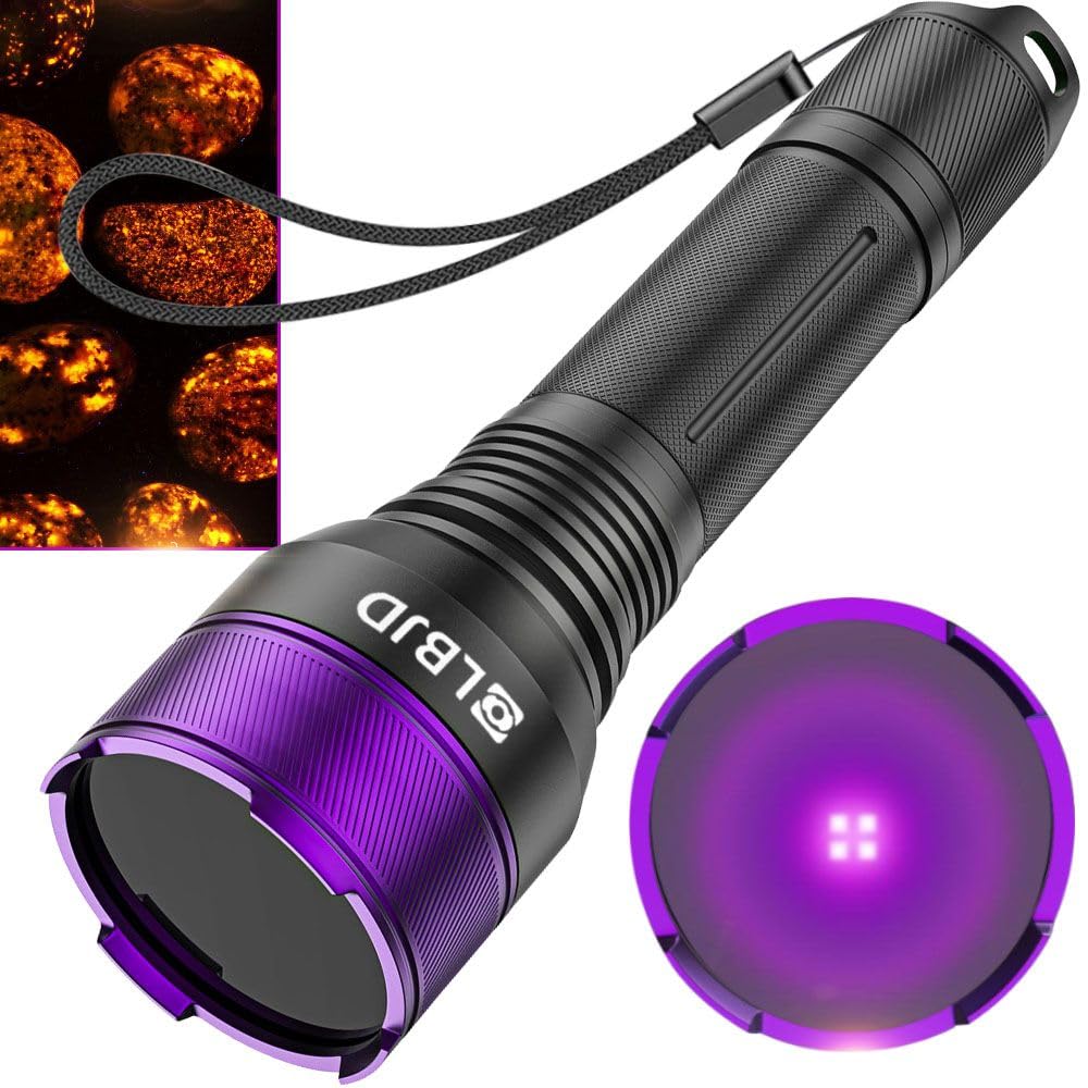 LBJD UV Blacklight Flashlight, 4-Core LED, High Power, Long Range, Anodized Aluminum, Black and Purple, Model UVJ5