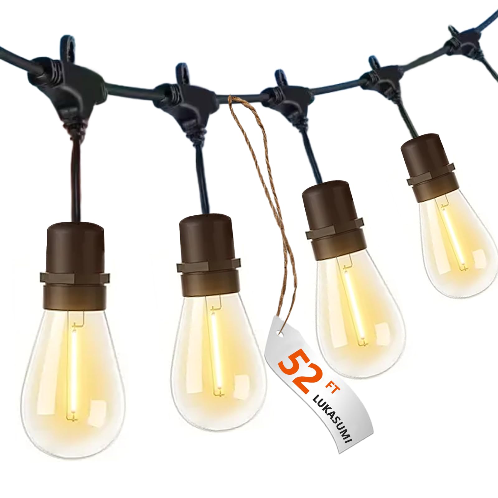 Lukasumi 52Ft Led Outdoor String Lights, 15 Waterproof Vintage Edison Bulbs For Patio & Garden