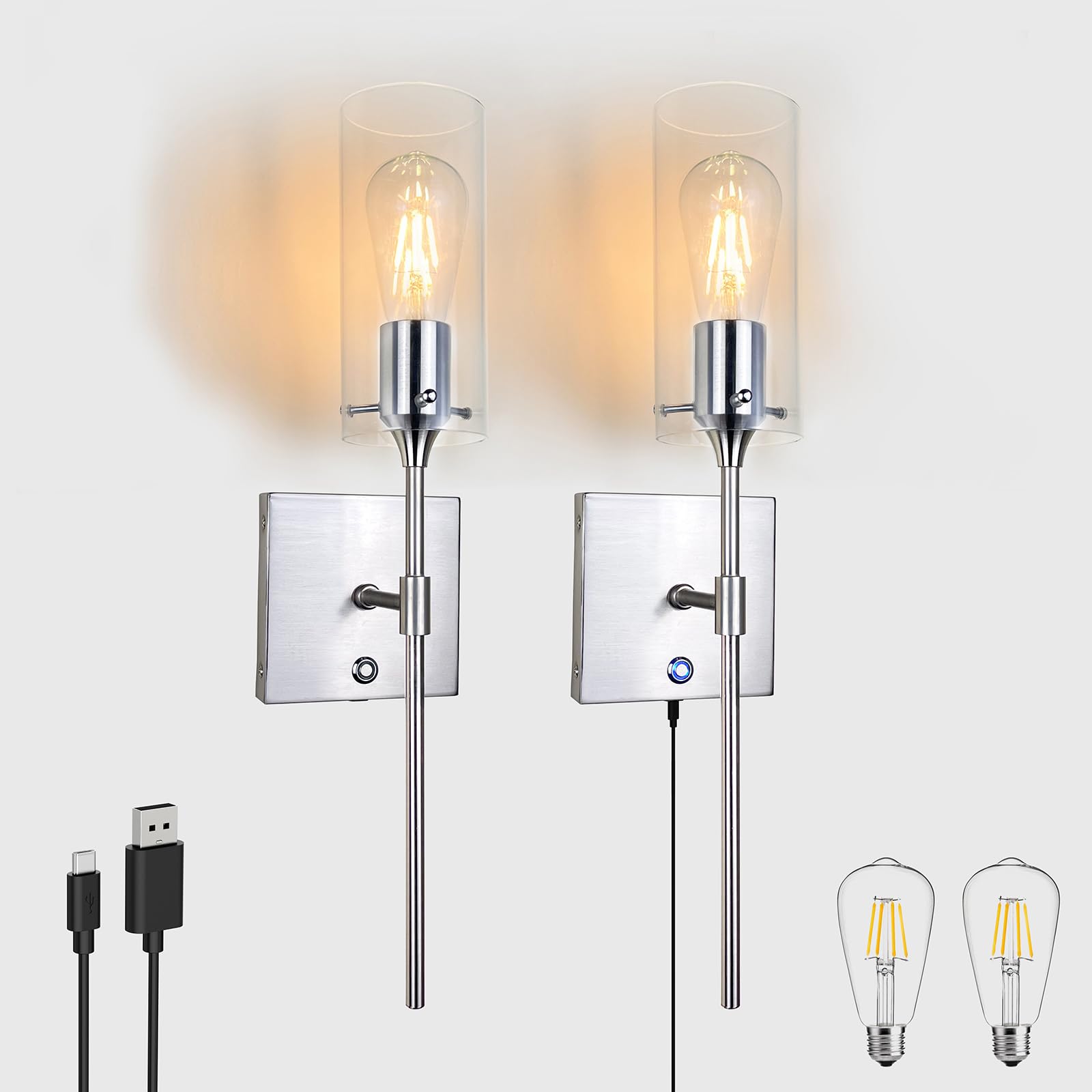 Thyfenno Dimmable Battery Operated Wall Sconce No Wired, Rechargeable Wall Light Fixture, Easy To Install Wireless Wall Mount Lamp For Living Room Bedside Hallway Lounge Mirror, Bulb Included
