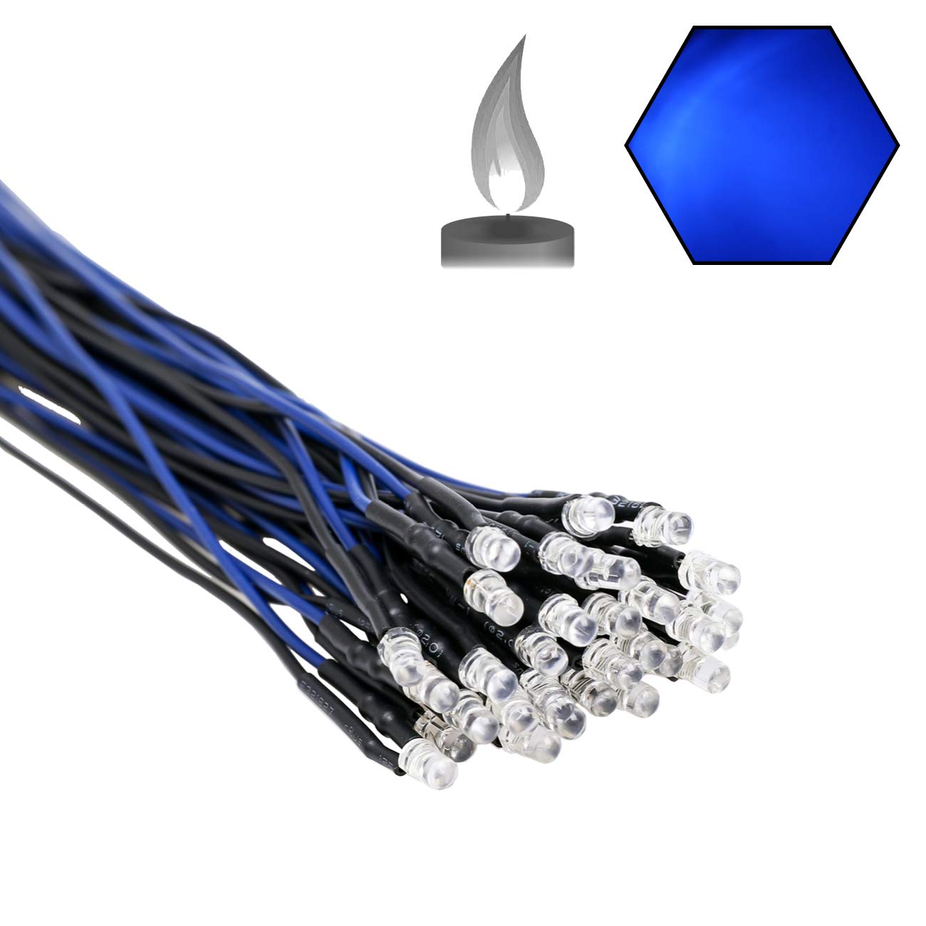 EDGELEC 30pcs 12V 3mm Blue Flicker LED Lights, Pre-Wired, Clear Lens, PW-DIP LED, Candle Flickering Effect
