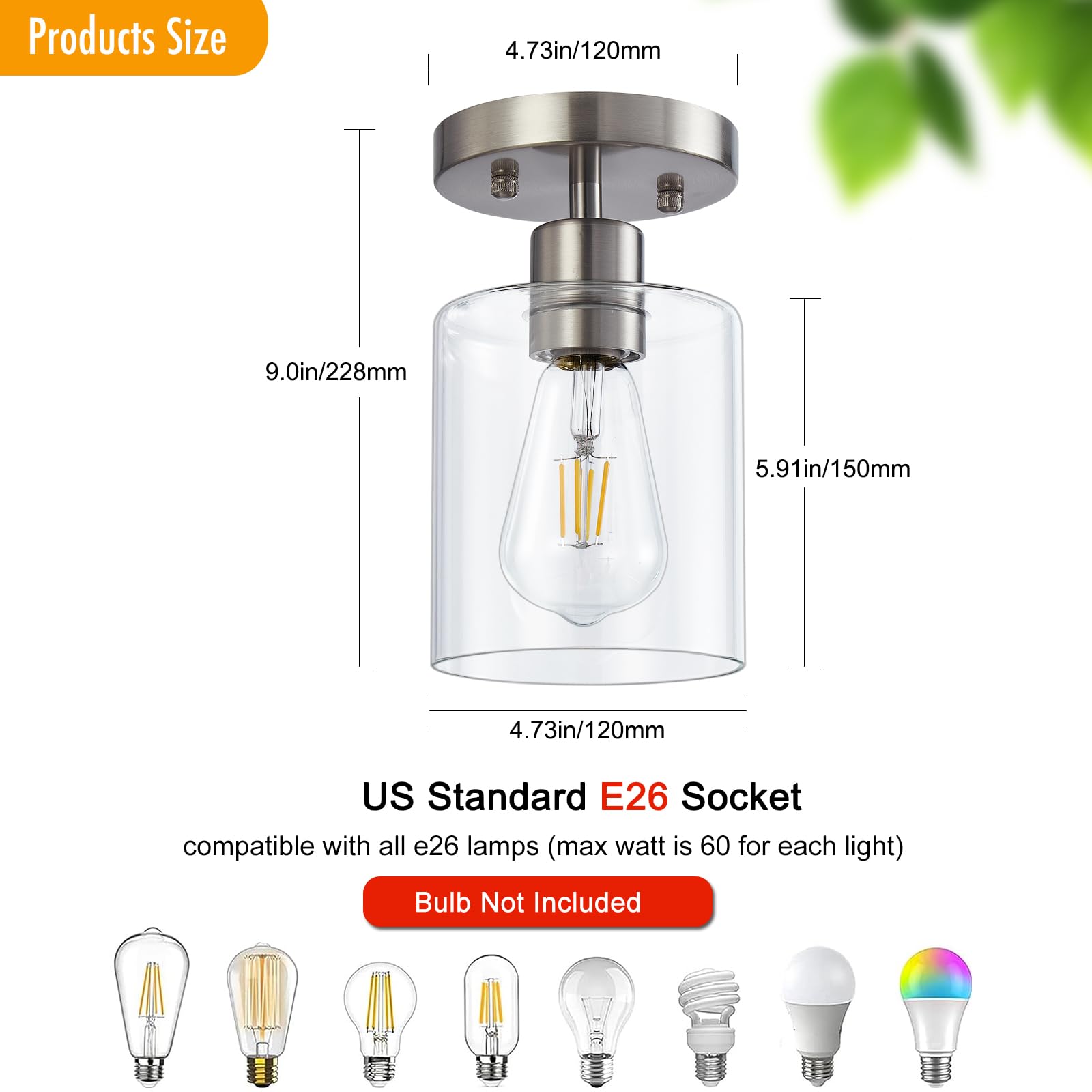 Diduio Semi Flush Mount Ceiling Light, 1 Light Brushed Nickel Ceiling Lights, Modern Kitchen Lighting Fixtures Ceiling, Light Fi