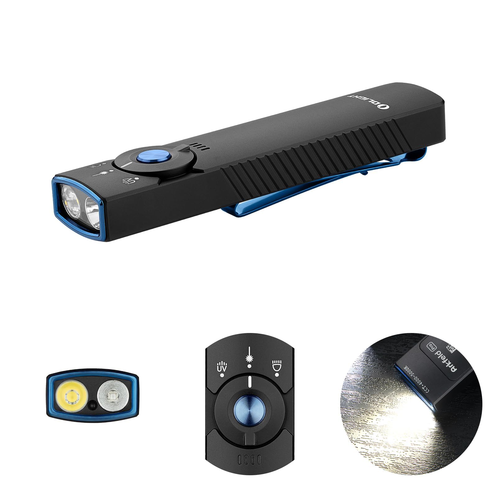 OLIGHT Arkfeld Pro EDC Flashlight, 1300 Lumens, Green Beam, UV & White LED, Aluminum, Black