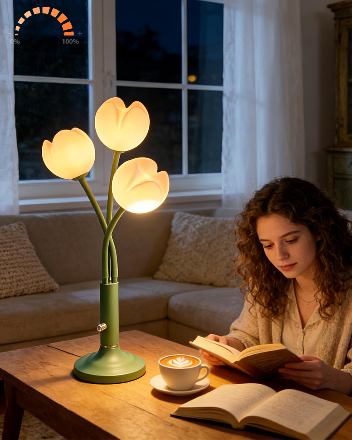 Lightdot Vintage Flower Table Lamp, Green Small Cute Bedside Lamp with Adjustable Gooseneck& Bulbs, 3000K Warm Light Dimmable De