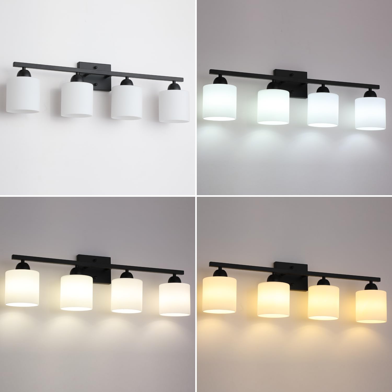 Mecgirn 4 Light Bathroom Vanity Light, Matte Black Metal Fixture with Frosted Glass, Model B0003-4-Black