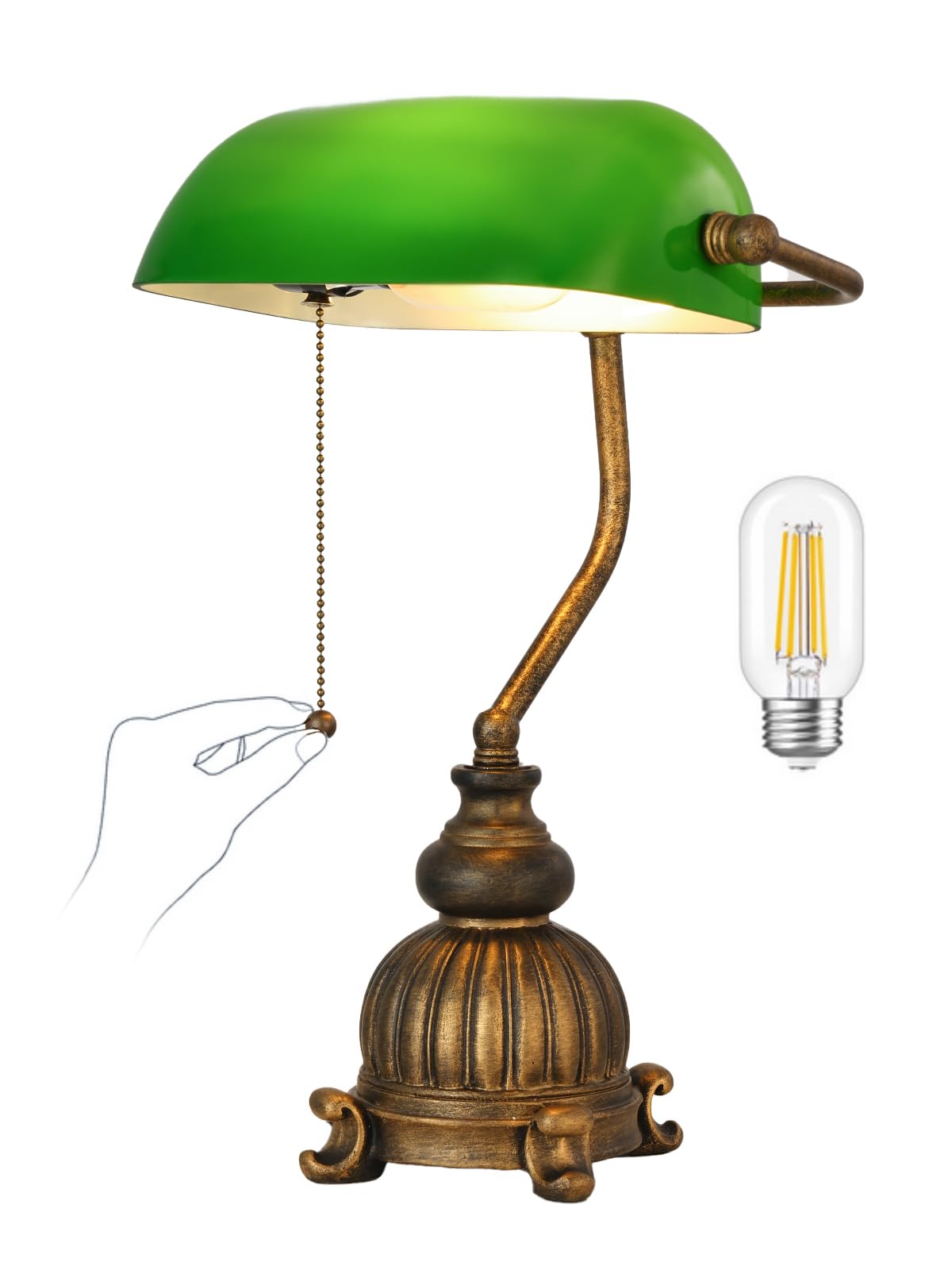 Newrays Vintage Green Glass Bankers Desk Lamp For Home Office,Library With Pull Chain Switch Plug In Fixture, Led Bulb Included