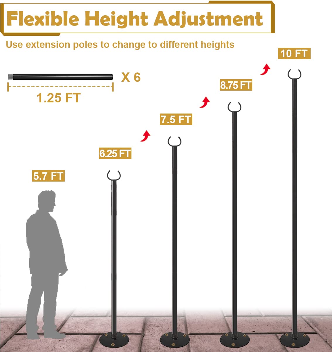 Derkniel 10 FT Adjustable Outdoor String Light Pole Stand, Black, Stainless Steel, 2 Packs for Hard Ground