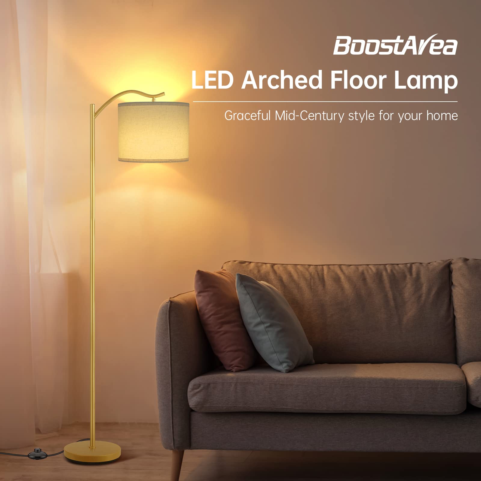 Boostarea Floor Lamp For Living Room,Led Arched Floor Lamp,Tall Modern Standing Lamp With Linen Shade,3 Brightness Levels,E26 So