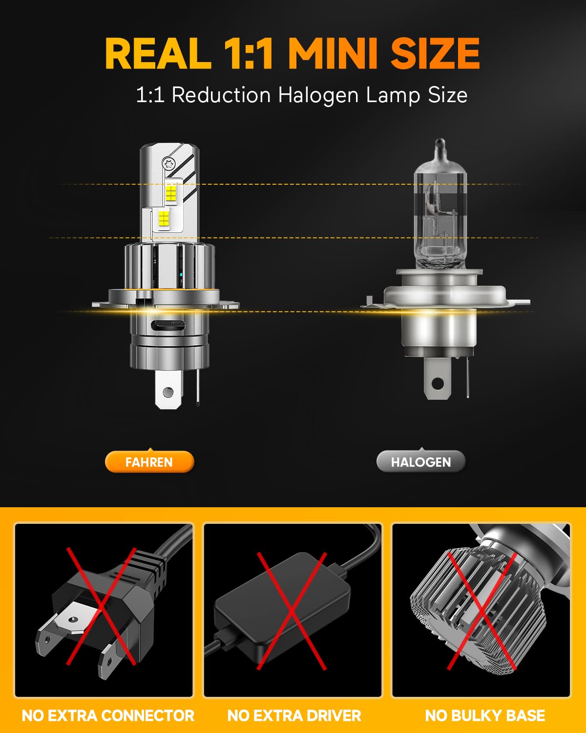 FAHREN H4/9003 LED Bulbs, Ultra-Bright 50000LM, 360° Adjustable, Mini Size, Silver, Pack of 2