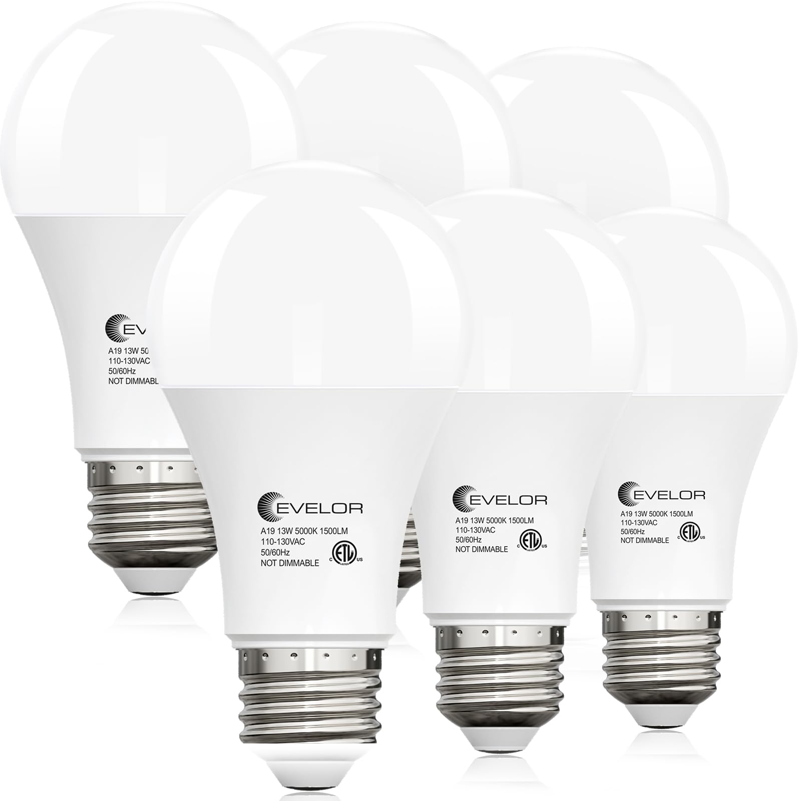 evelor 6-Packs A19 LED Light Bulbs,100 Watt Equivalent Daylight 5000K Bright Bulbs Efficient 13W,1500 Lumens E26 Base, Non-Dimma