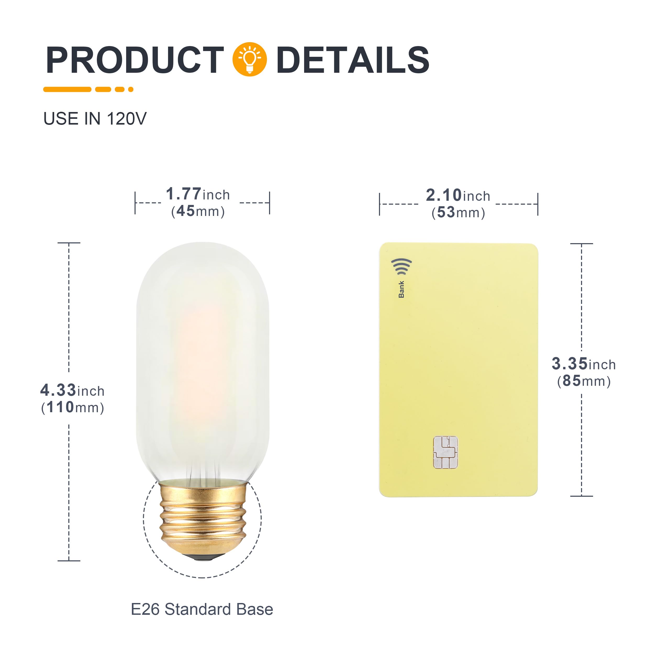 Frosted T45 Led Bulb- Vintage E26 Base Edison Light Bulbs 40 Watt Equivalent- Dimmable Decorative Antique T14 Filament Tubular B