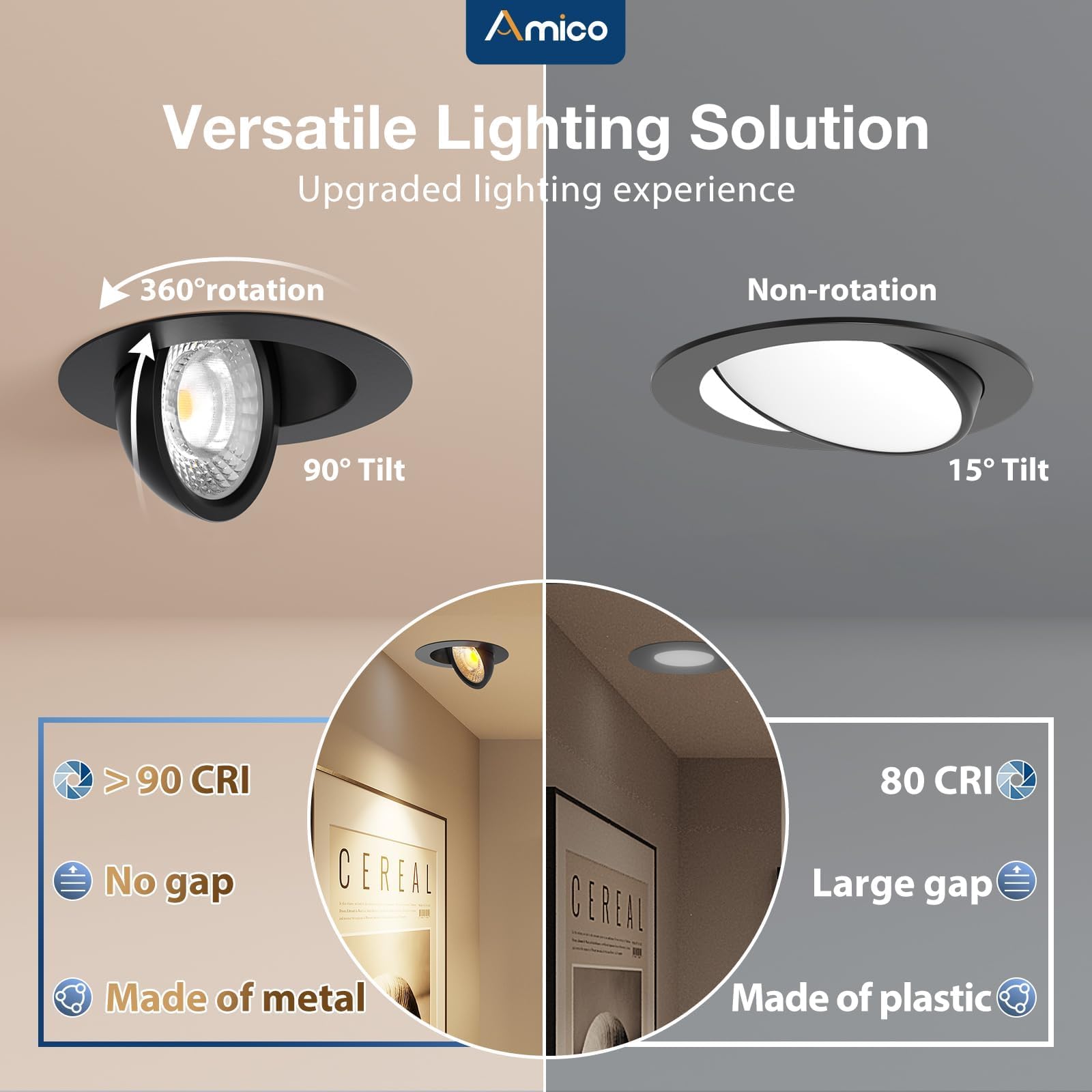 Amico 12 Pack 4 Inch Black Gimbal LED Recessed Lighting, Dimmable 5CCT, 700LM, CRI90+, Model 4EJCT09GR