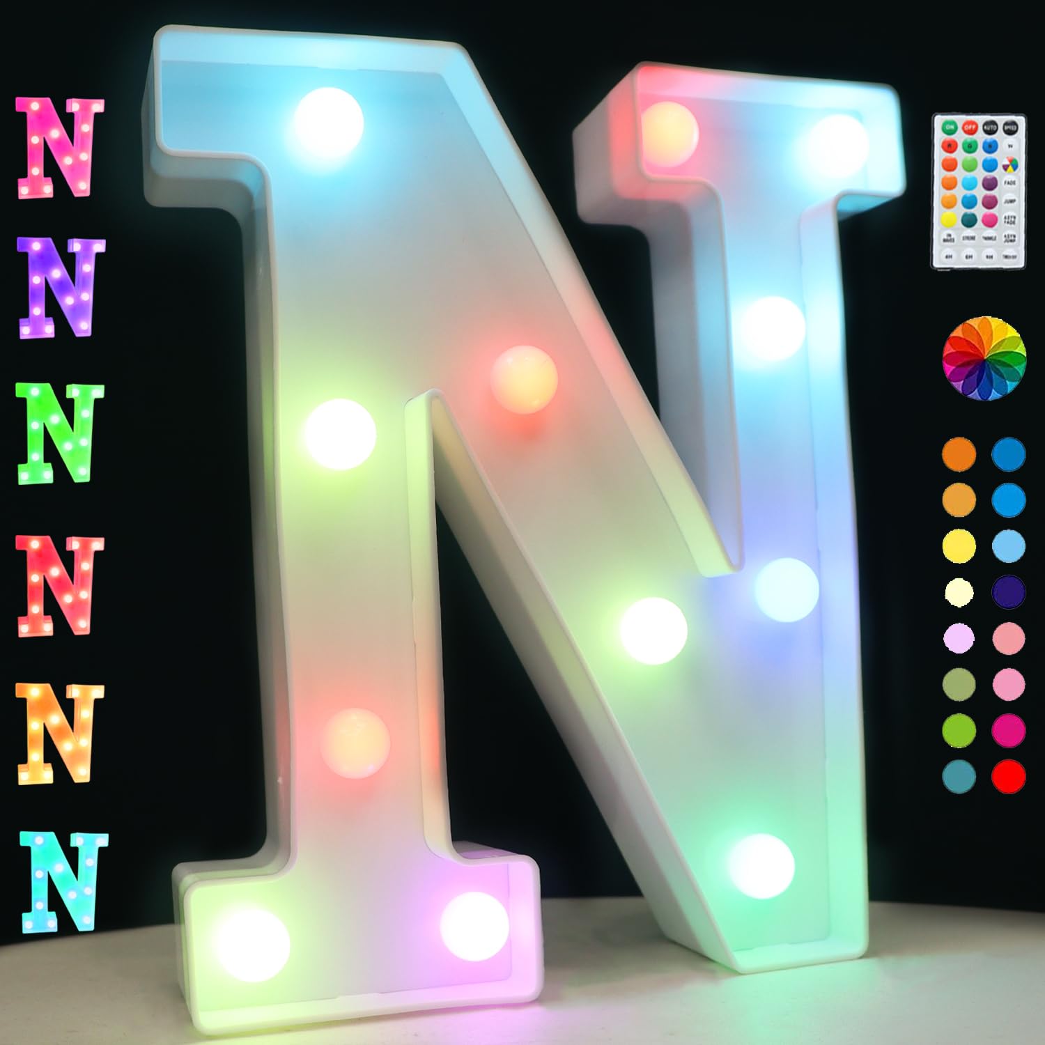 Light Up Colorful Led Marquee Letter Lights, 18 Colors Changing Alphabet Letters Sign With Remote Timer For Night Light Girls Bedroom Wedding Birthday Party Lamp Christmas Home Bar Decor- Colorful N