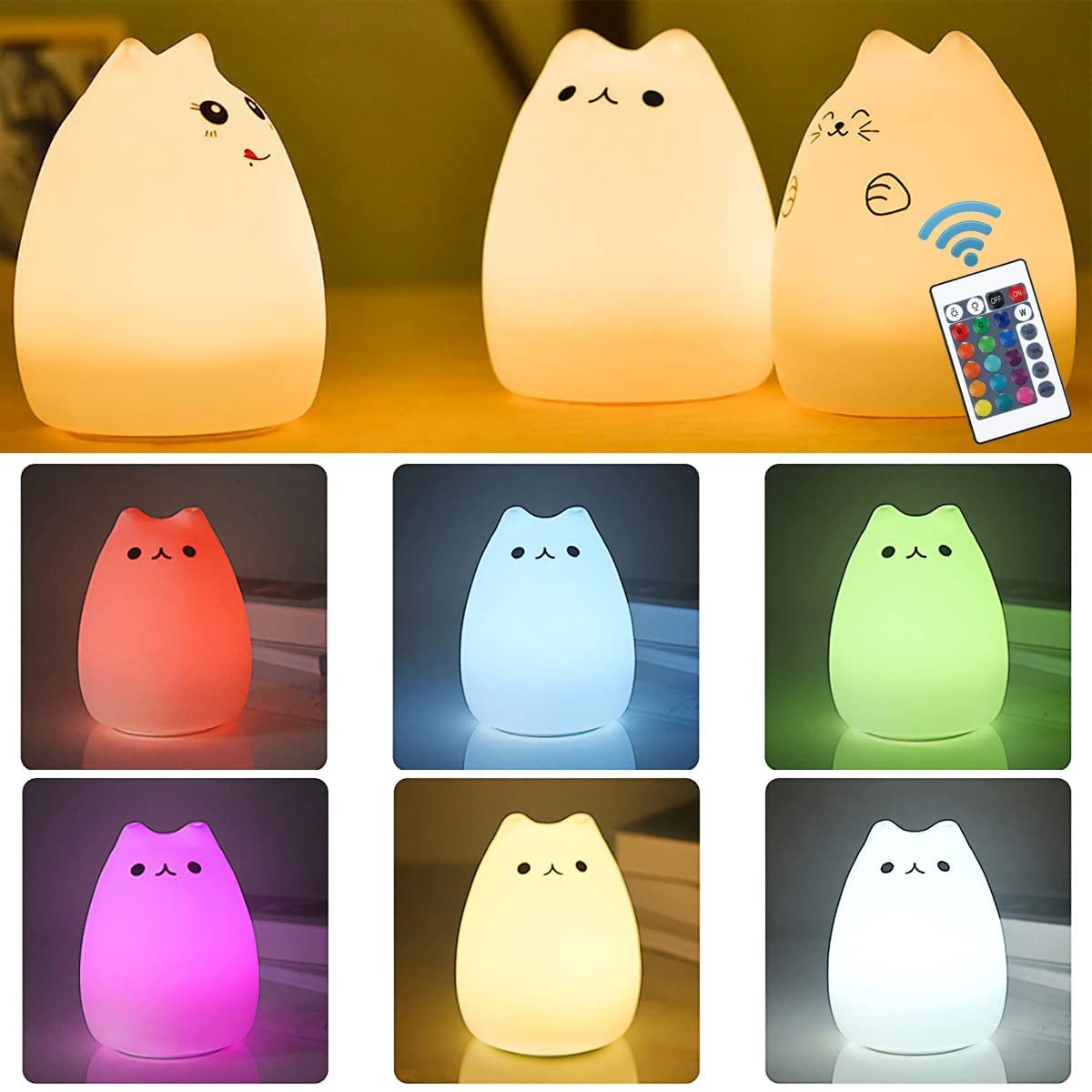 Cat Lamp, Neojoy Remote Control Silicone Kitty Night Light For Kids Toddler Baby Girls Rechargeable Cute Kawaii Nightlight , White , 4 Piece Set