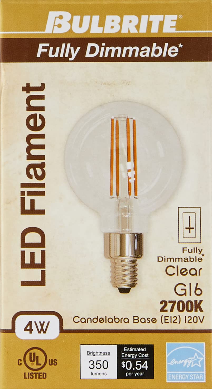 Bulbrite 776873 4 Watt Led G16 Clear Decorative Globe Candelabra (E12) Base, 2700K Light Bulb
