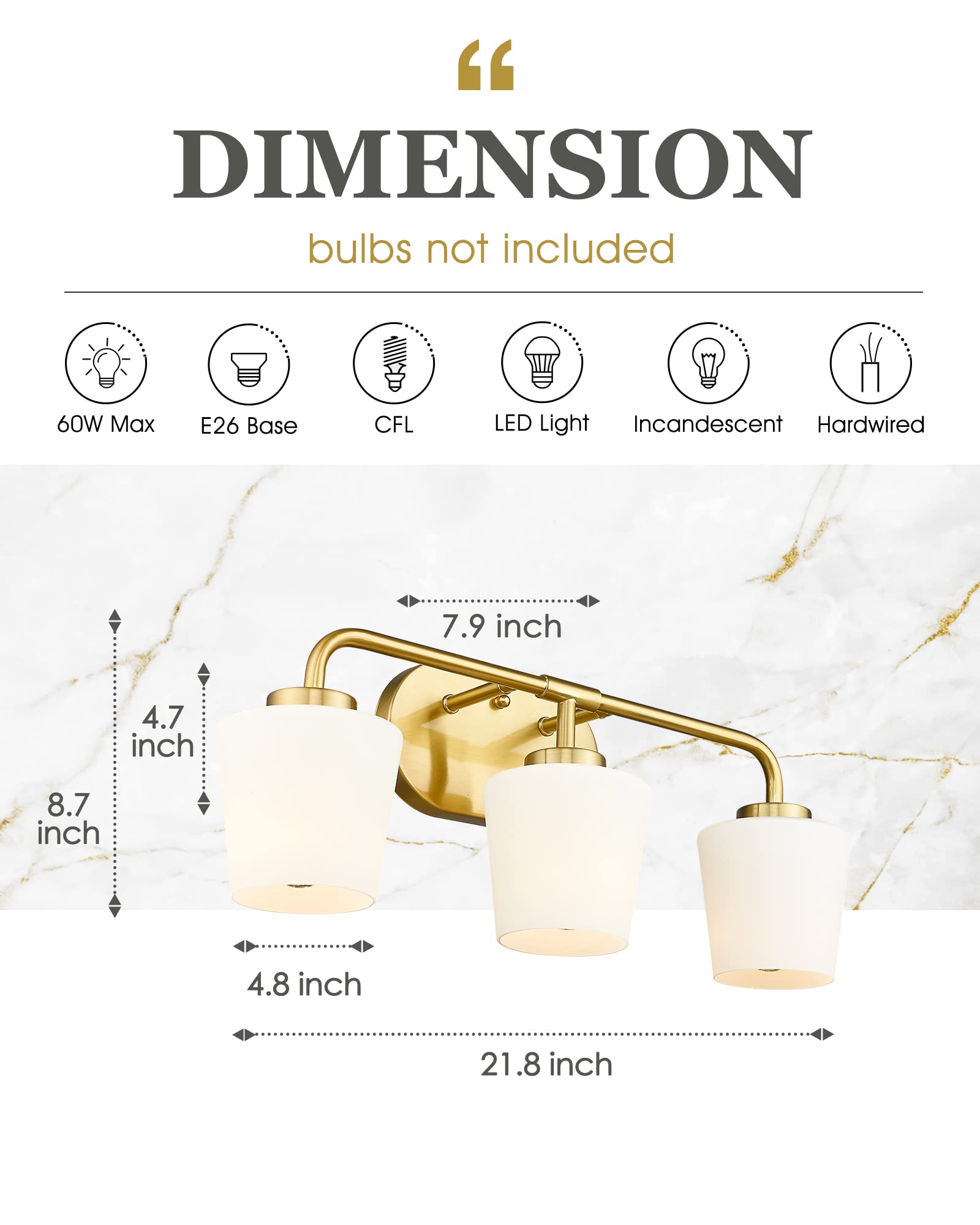 Audickic 3-Light Brushed Gold Bathroom Vanity Light with Milk White Glass Sconces, Farmhouse Style, AD-22004-3W-GD