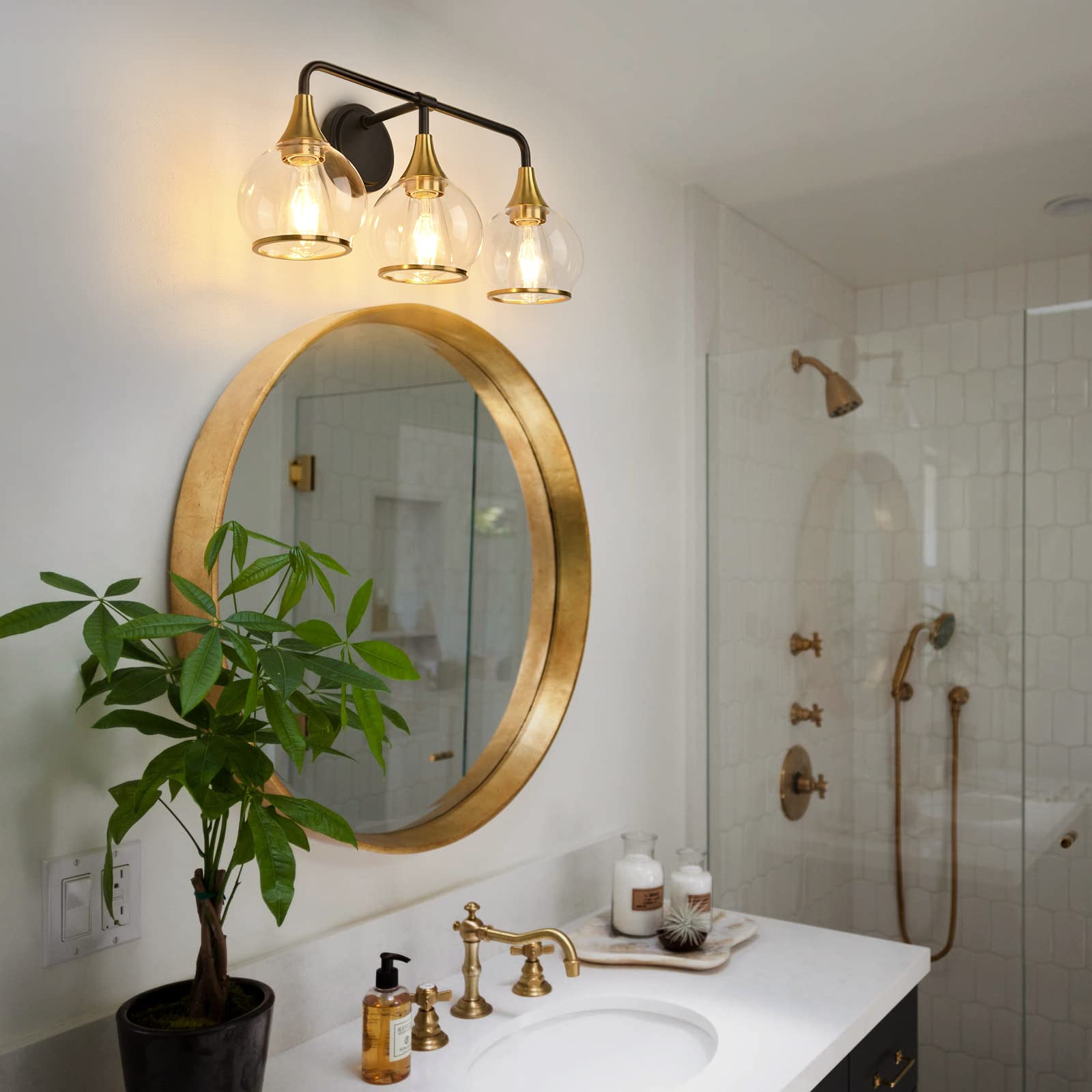 Hahzt Black And Gold Bathroom Vanity Light 3-Lights Bathroom Light Fixtures Over Mirror With Clear Glass Shade 22.4 Inch Wall Sc