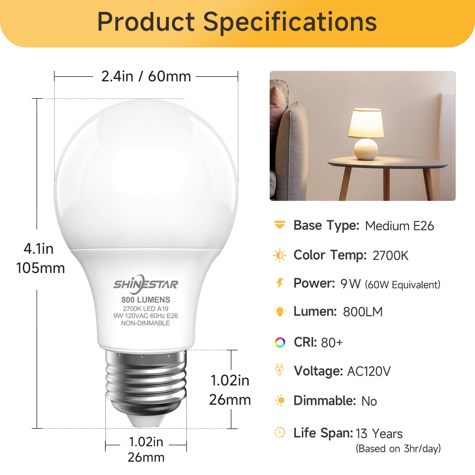 Shinestar Light Bulbs 60 Watt Soft White, A19 Led Bulb 2700K, Standard E26 Medium Base, 800Lm, Non-Dimmable, 6-Pack