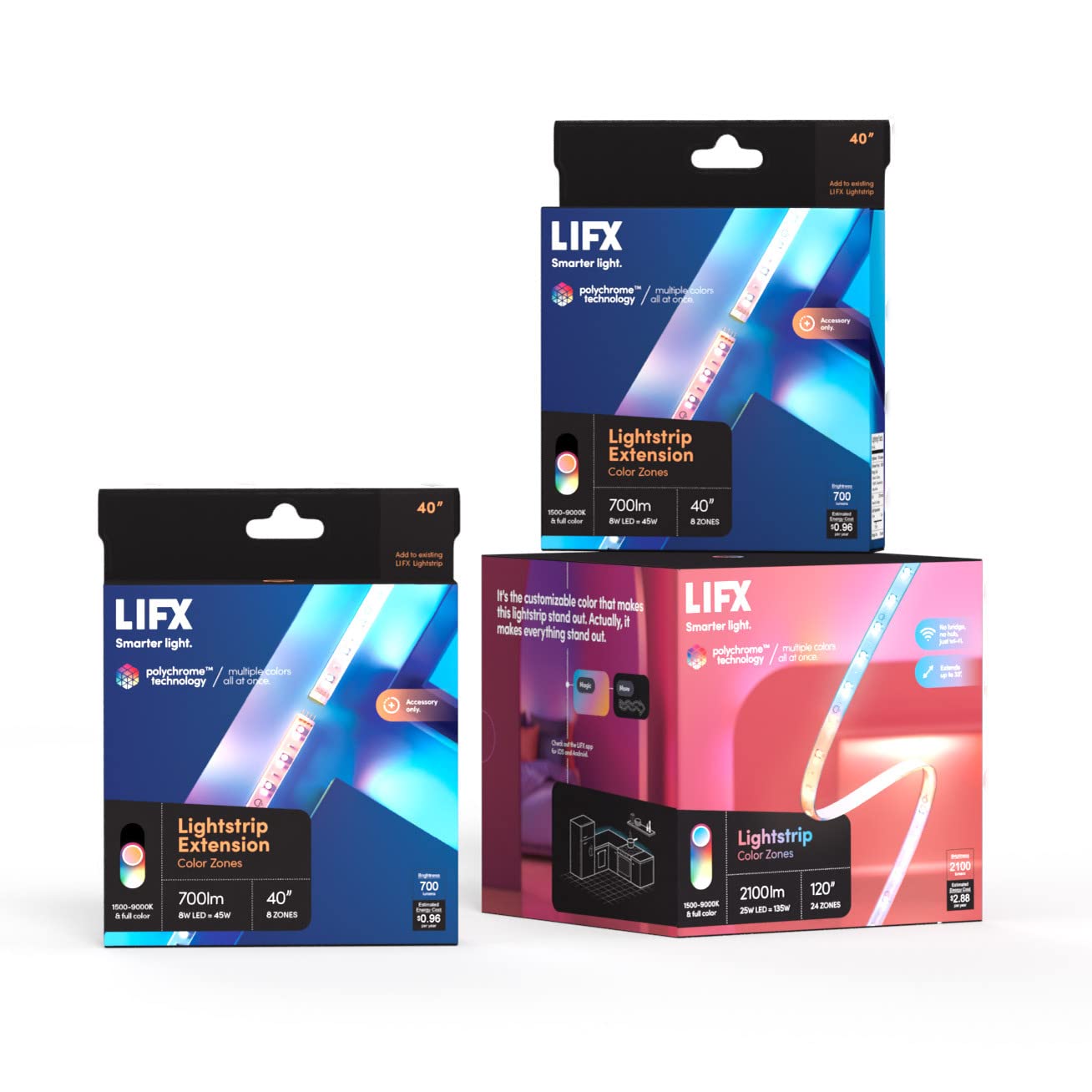 LIFX Lightstrip Bundle - with 120'' Smart LED Lightstrip and 2 40'' Extensions, Multicolor, 3 Piece Set