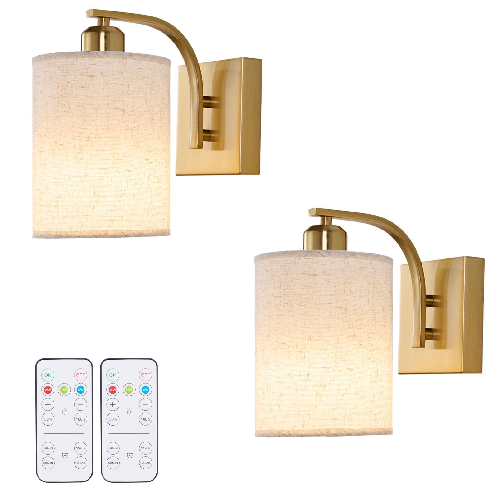 Powfloven Gold Rechargeable Battery Operated Wall Sconces Set Of 2 With Remote, Wireless Dimmable Battery Powered Led Wall Light