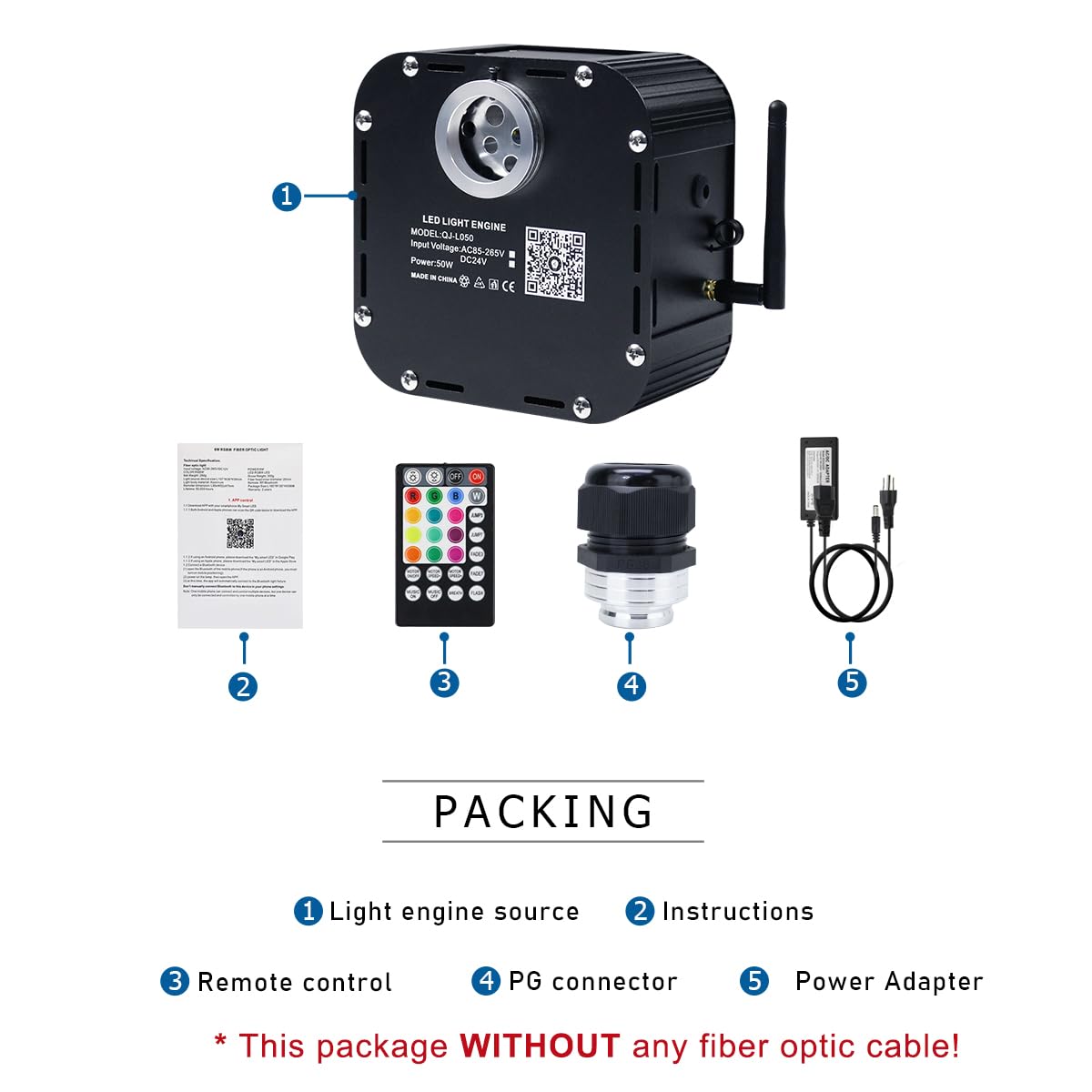 AKEPO 50W RGBW Twinkle Fiber Optic Light Engine, Bluetooth Control, Music Activated, Aluminum, White, Model QJ-L050