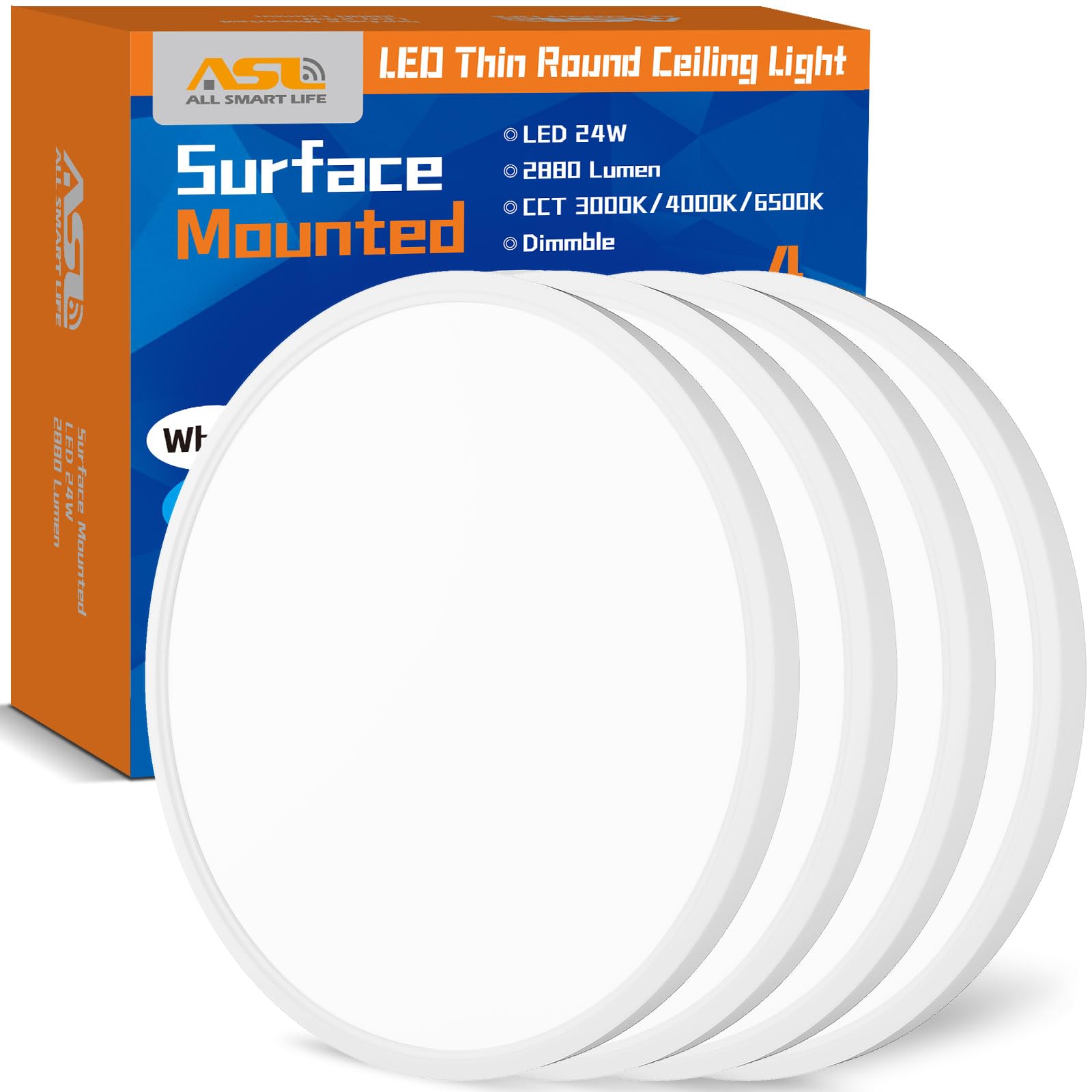 Allsmartlife 4-Pack LED Flush Mount Ceiling Light, 12inch 24W 2880lm Dimmable CCT 3000K/4000K/6500K Edge-Lit Thin White Round Fl