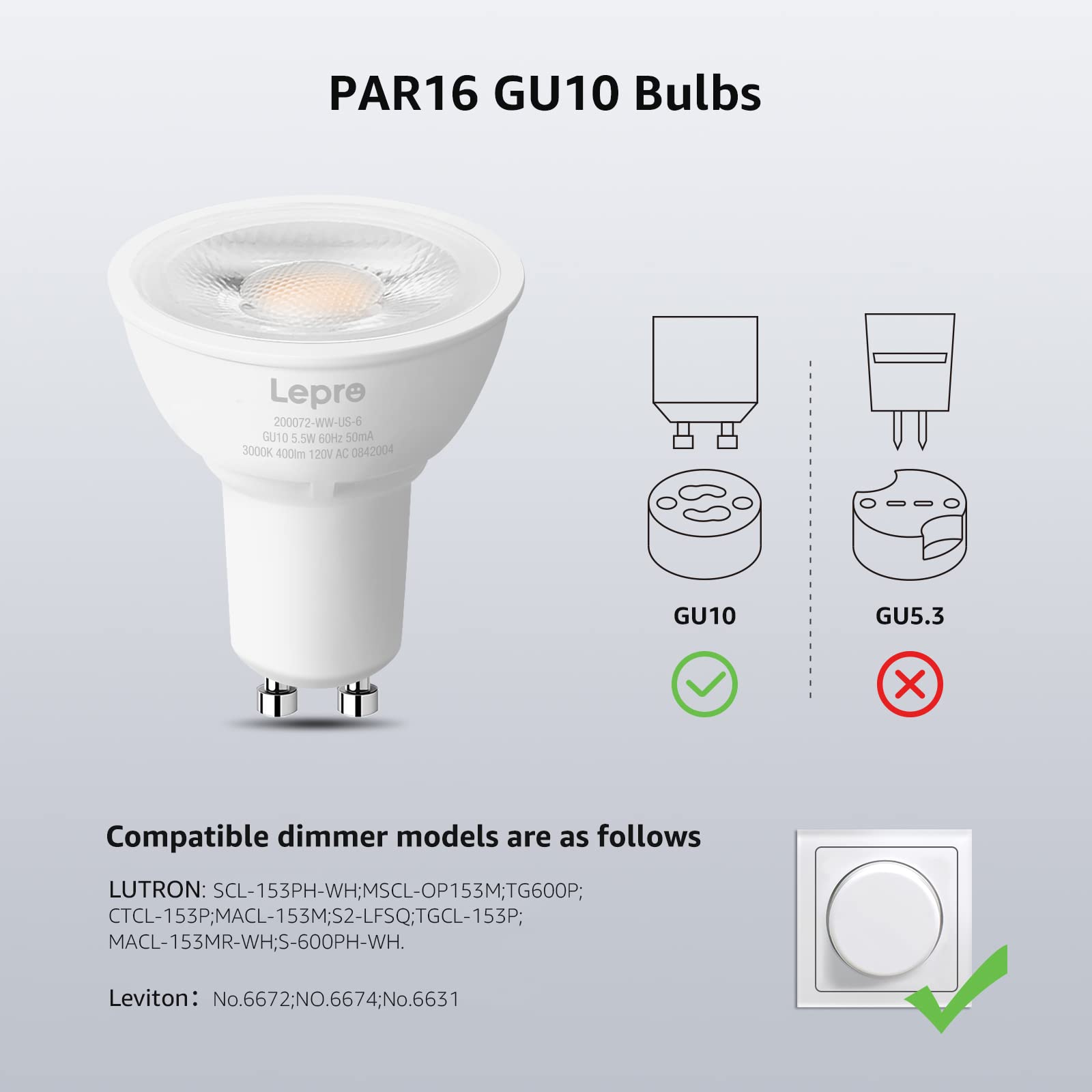 Lepro GU10 LED Bulb Dimmable 5.5W 5000K Daylight White 6 Pack, 40° Spotlight for Recessed Lighting