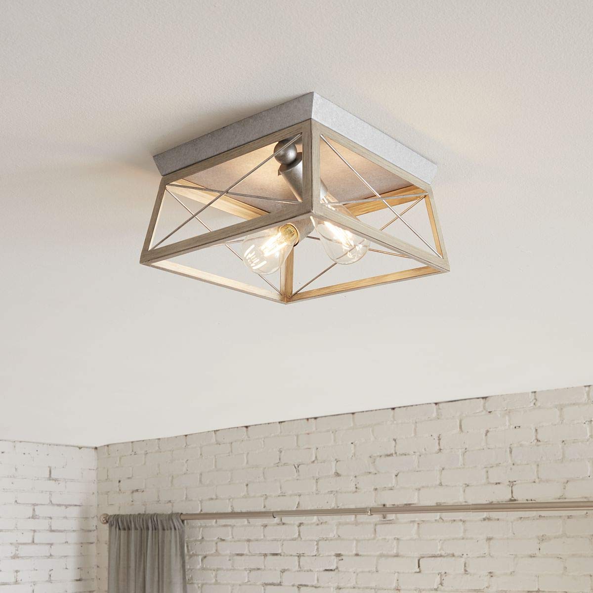 Progress Lighting Briarwood Collection 2-Light Bleached Oak Farmhouse Flush Mount Ceiling Light, Galvanized Finish
