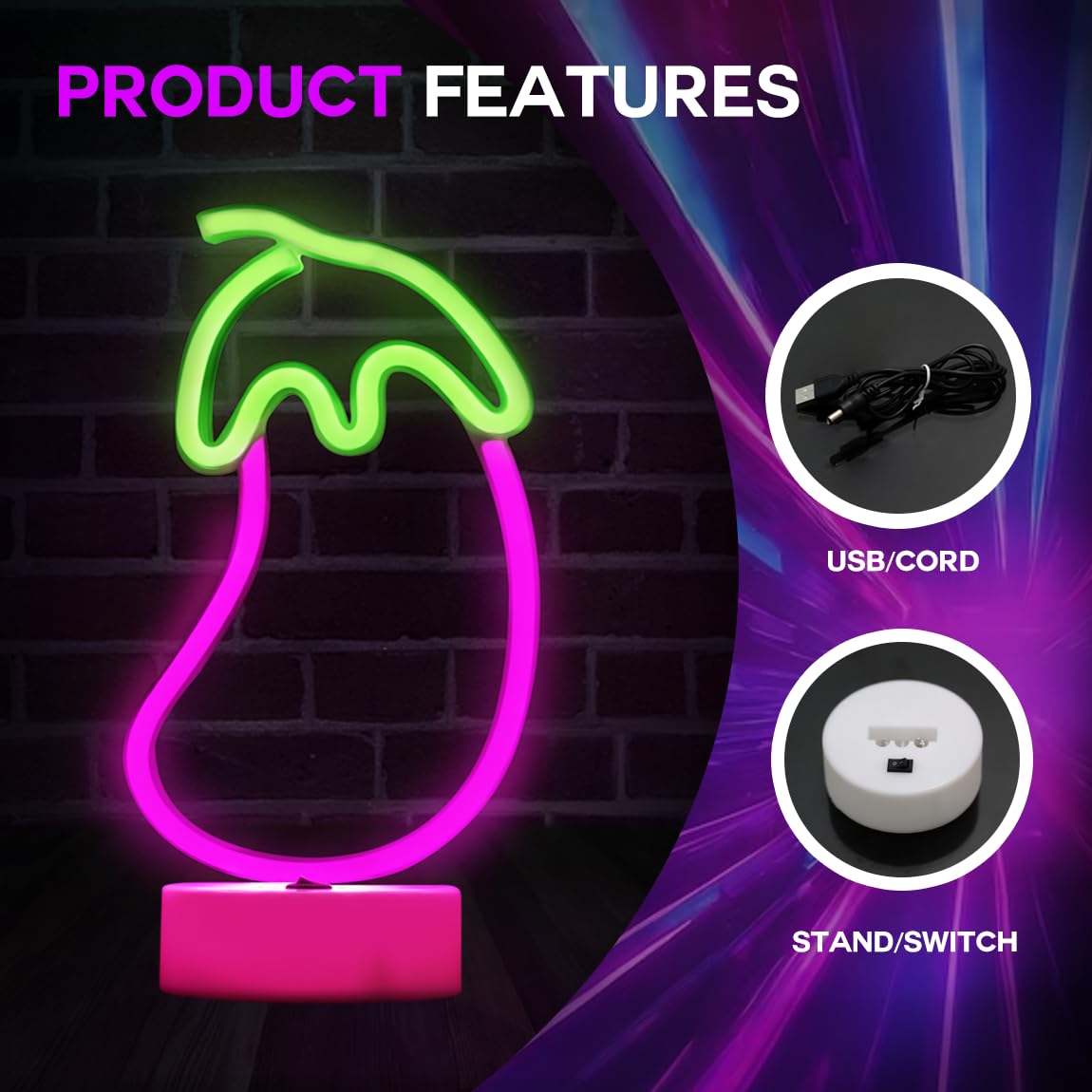 Lumoonosity Eggplant Neon Sign - USB & Battery Powered Lamp - Small to Medium - Green/Purple - Eggplant Stand for Bedroom, Gameroom, Living Room