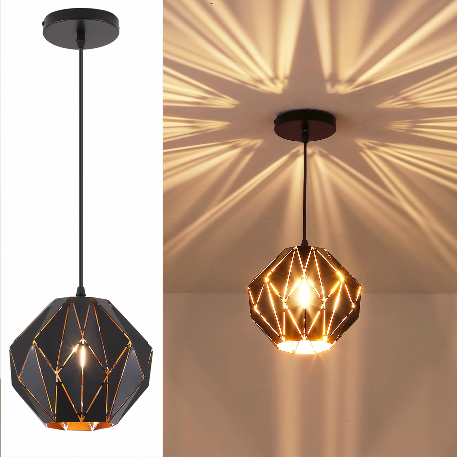 Baunoisk Pendant Light - Industrial Vintage Black Metal Pendant Lamp, Creative Geometric Shade, 7.87 inch, Model XGHJ001