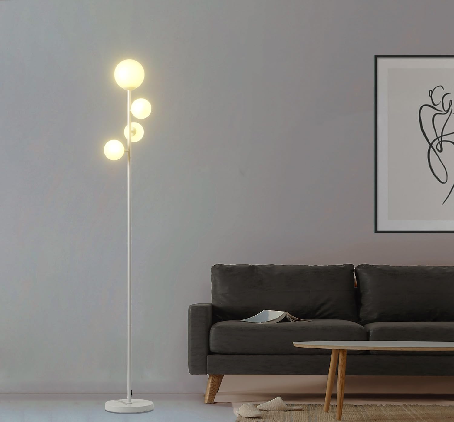 Fiqevs 4 Globe Floor Lamp - Modern White Standing Lamp With Frosted Glass Shade & Led Bulbs