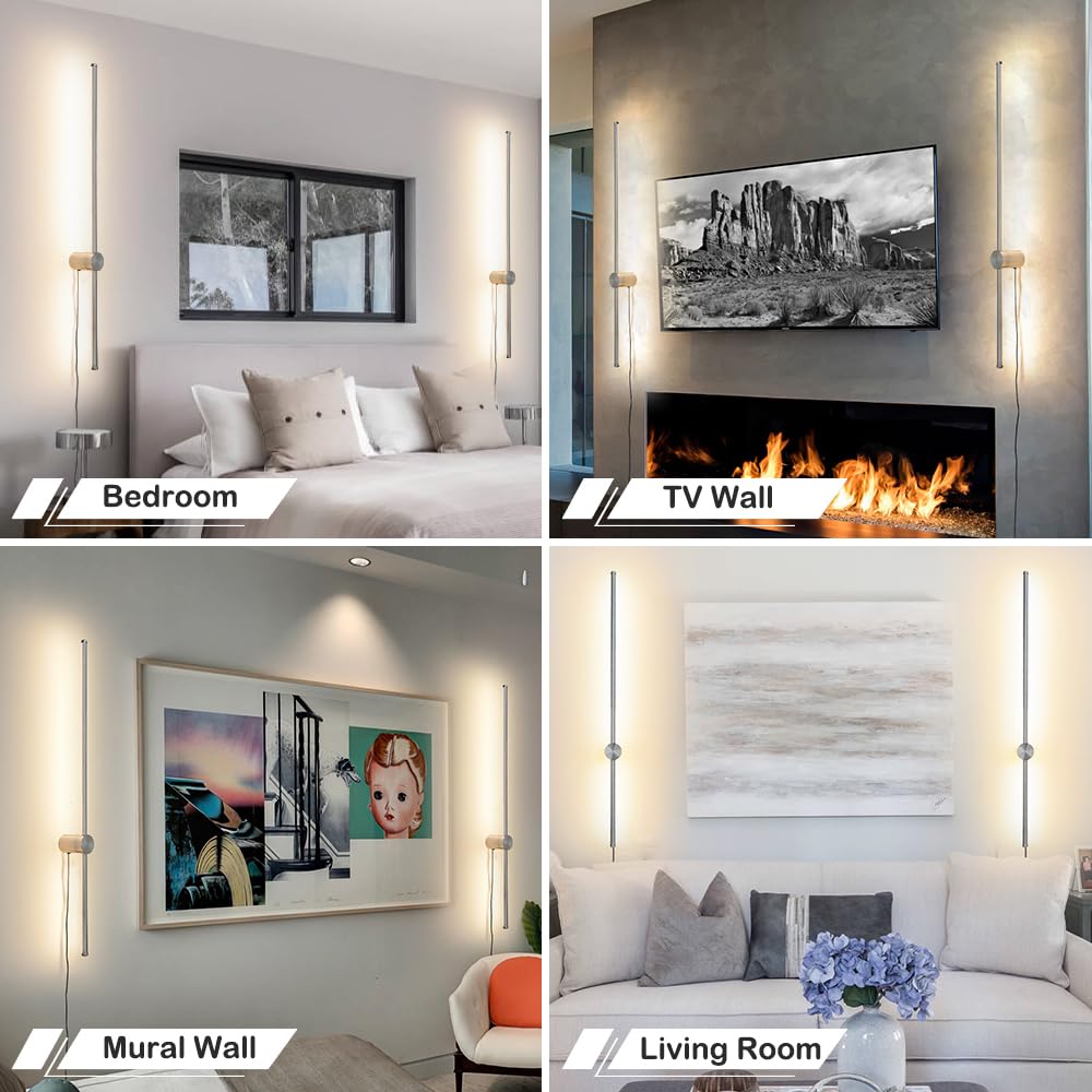 Ditoon Brush Nickel Plug In Wall Sconces Set Of Two, Modern Led Wall Lamp With Remote Control, 3 Cct 3000K-5000K Dimmable, Plug