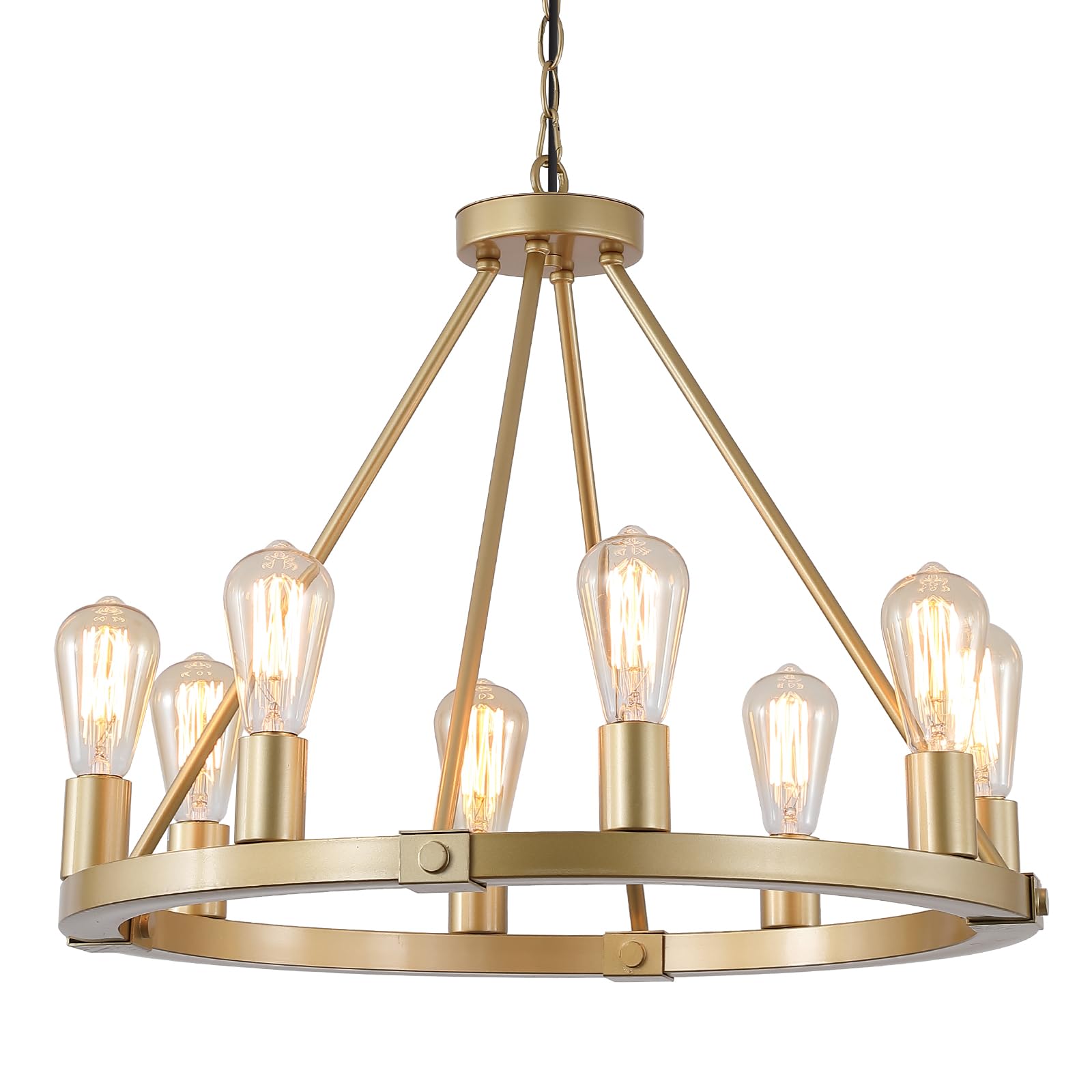 9MMML Golden Wagon Wheel Chandelier, 8 Lights, Height Adjustable, Metal, Model MA8033P8GD, Luxury Pendant Light for Kitchen, Dining Room