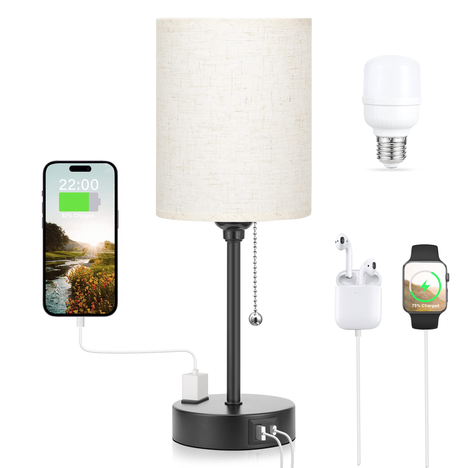 Small Bedside Lamp With 3 Color Modes - Off White 2700K 3500K 5000K Bedroom Light With Usb C And A Ports, Pull Chain, Ac Outlet,