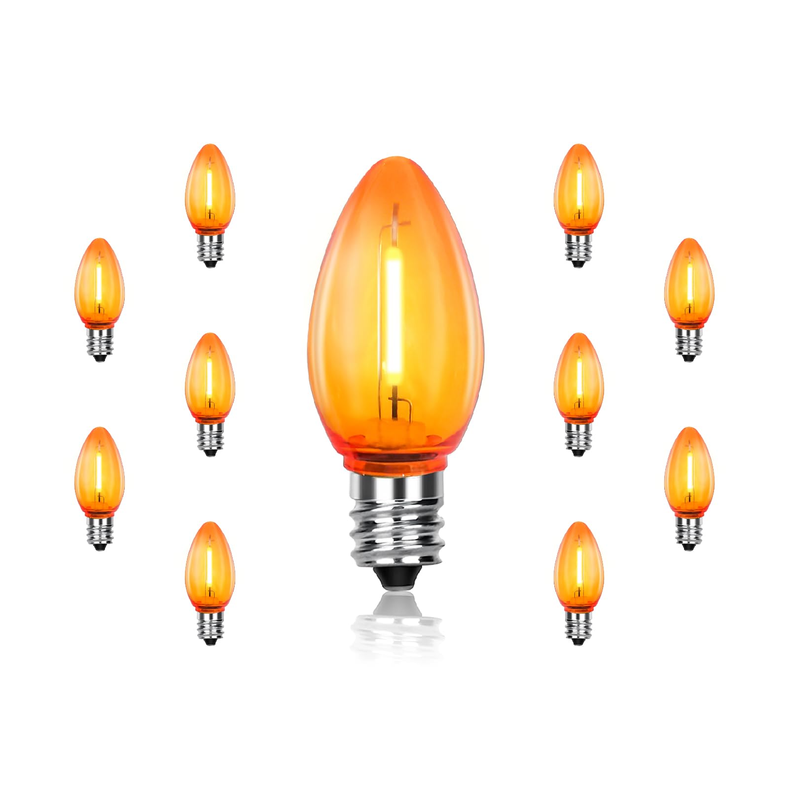 CHYSUPER C7 Replacement Bulbs, 10 Pack Halloween Orange LED Bulbs, 0.6W E12 Candelabra Base for Outdoor String Lights, Christmas