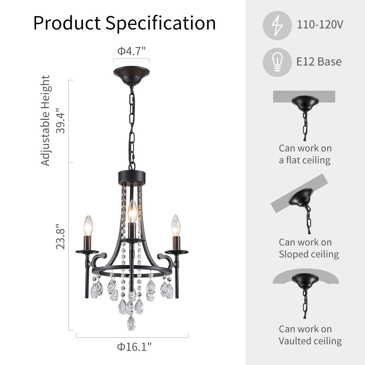 WUZUPS 3-Light Candle Chandelier Pendant Ceiling Light, Black, E12 Base, 16.1" Wide, 23.8" High for Bedroom, Hallway, Kitchen, Bathroom