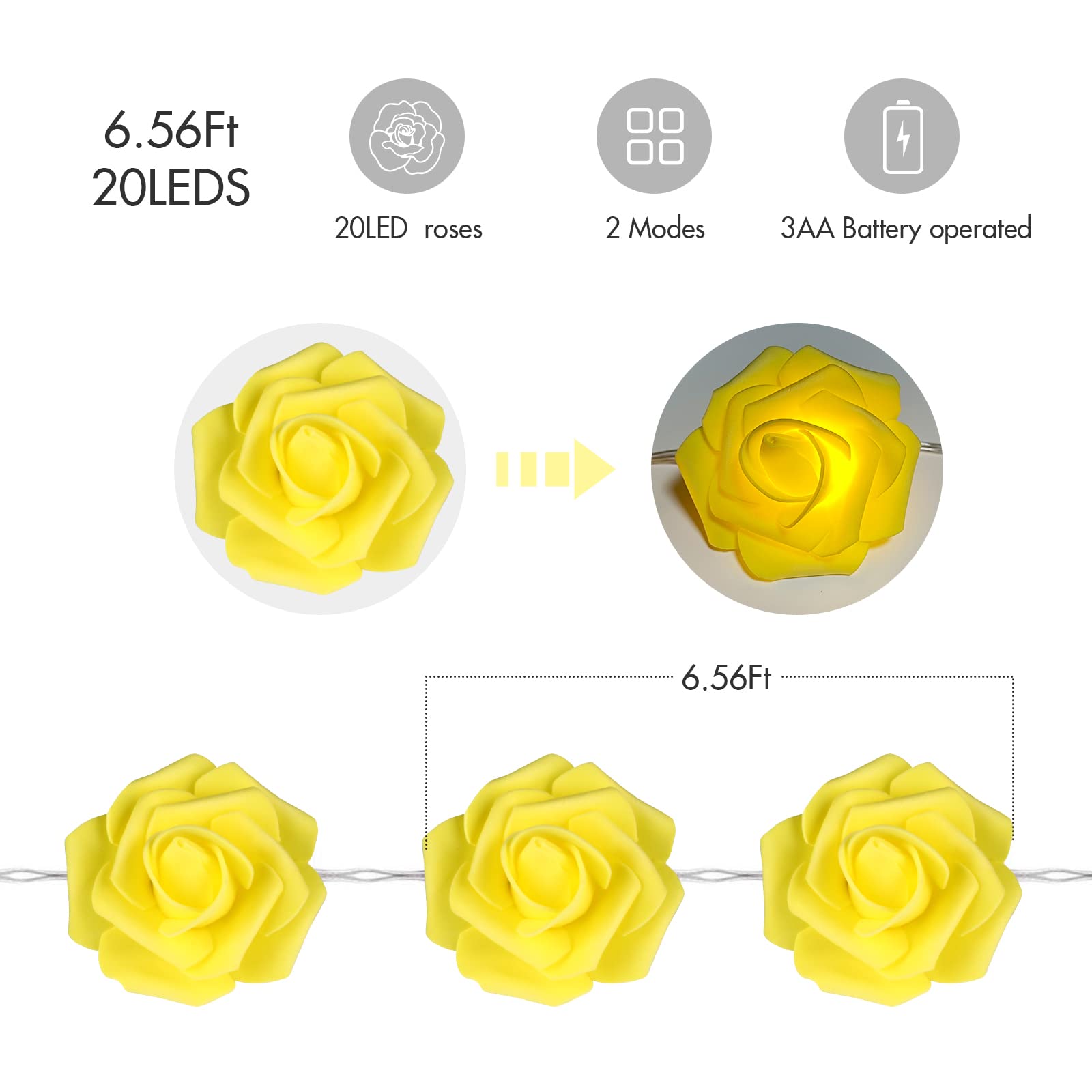 Vipmoon Rose Flower String Lights,2M 20Led Battery Operated Romantic String Lights Warm Flower Rose Lamp Fairy Light For Valentine'S Day Wedding Gardens Party Christmas Decoration Yellow
