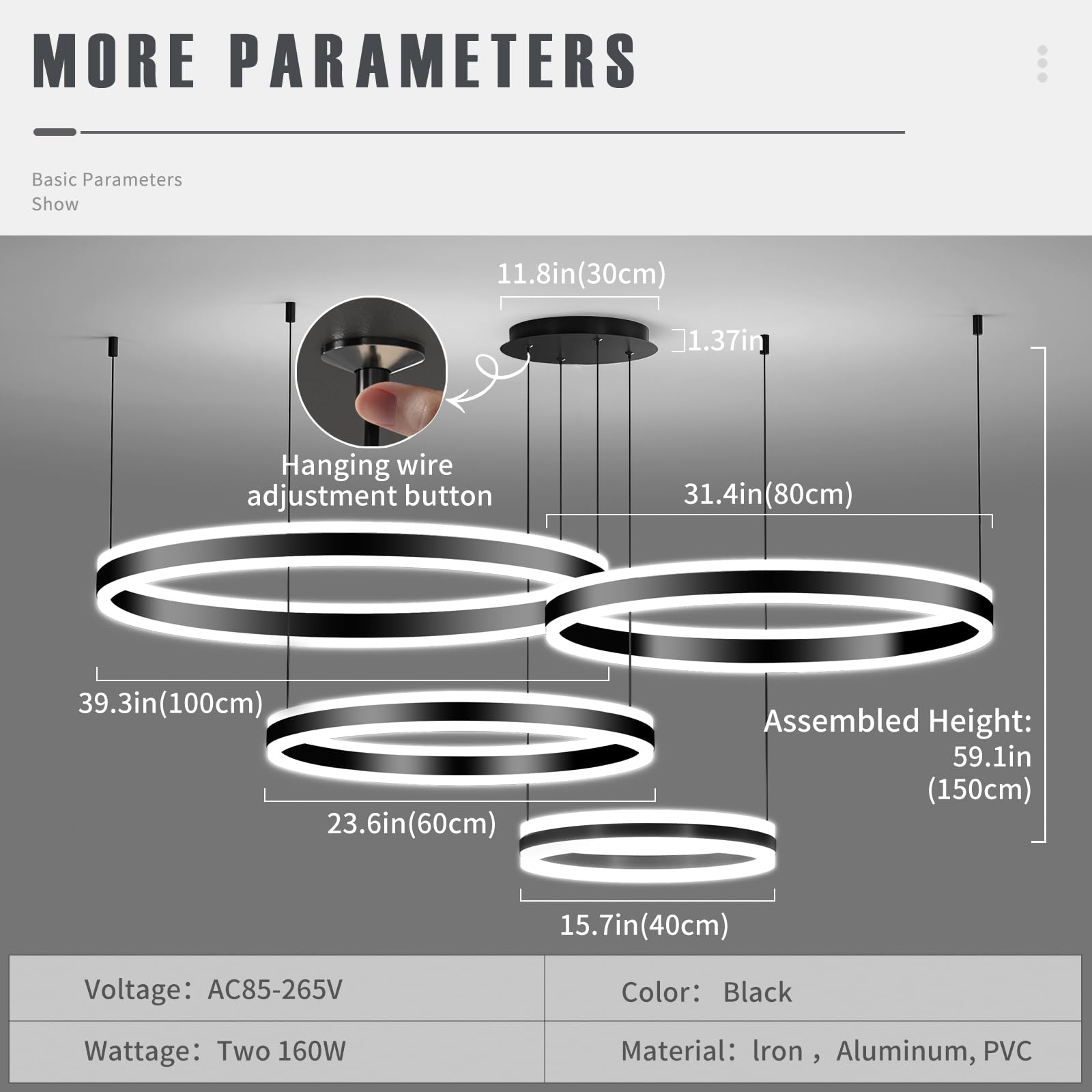 Matven Modern Ceiling Chandelier Light, Dimmable 3 Color Modes, Remote Control, Black, 15.74-39.37in, Model KD-YX