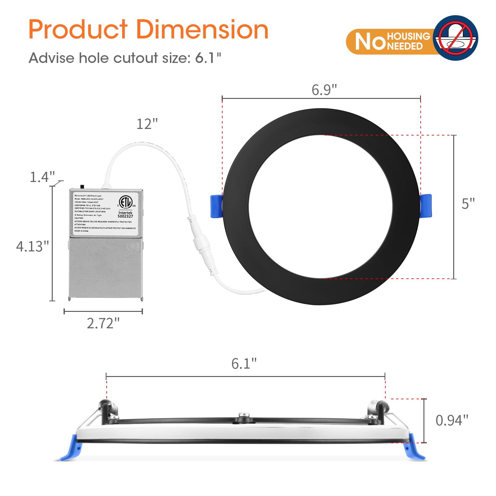 Meconard 6 Inch 5CCT LED Recessed Ceiling Light, Dimmable, Black Trim, 1050LM, Model MGD-LRCNL-12X-ETL