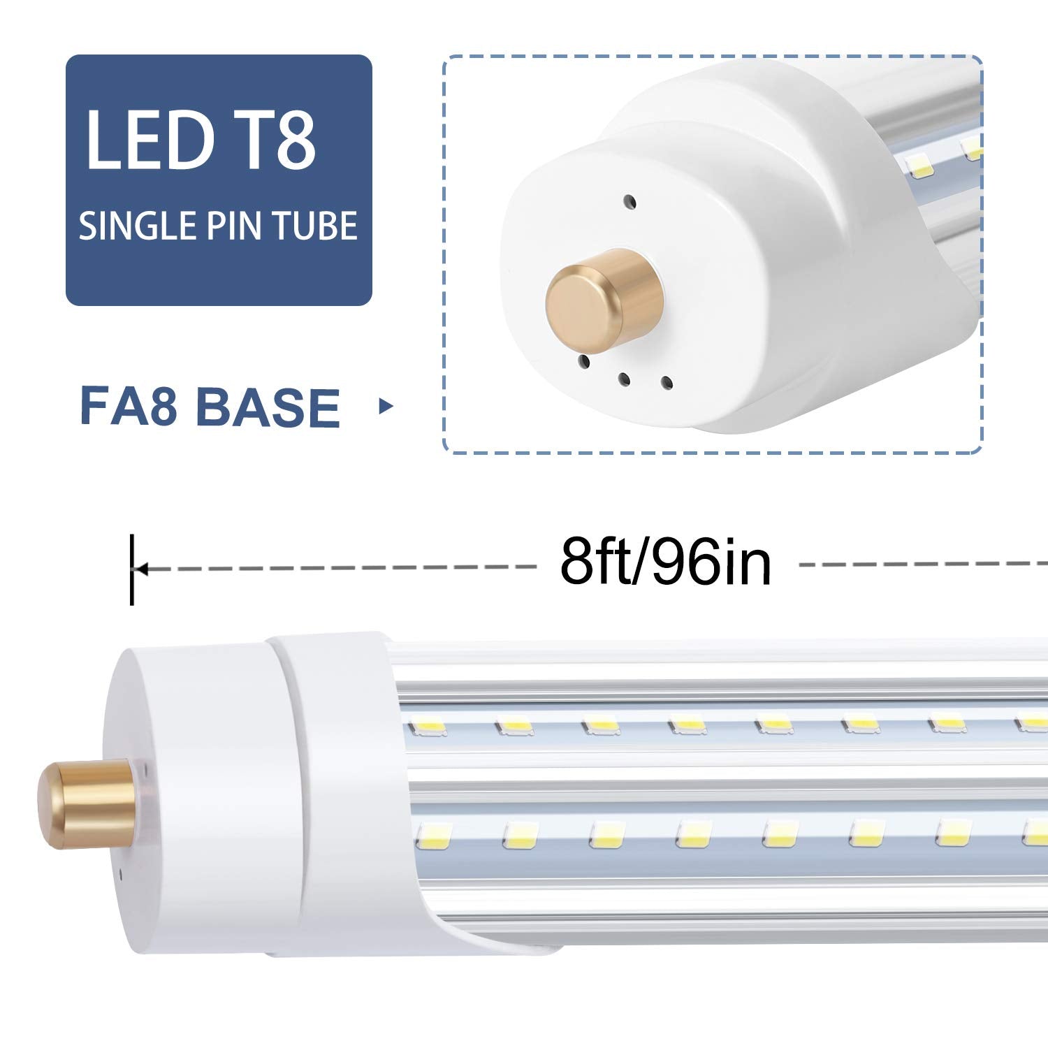 8Ft Led Bulbs, Led Shop Light Single Pin, V Shaped 8Foot Led Tube Lights, T8 T12 Fa8 Led Bulb, 90W 10000Lm, Clear Cover, Dayligh