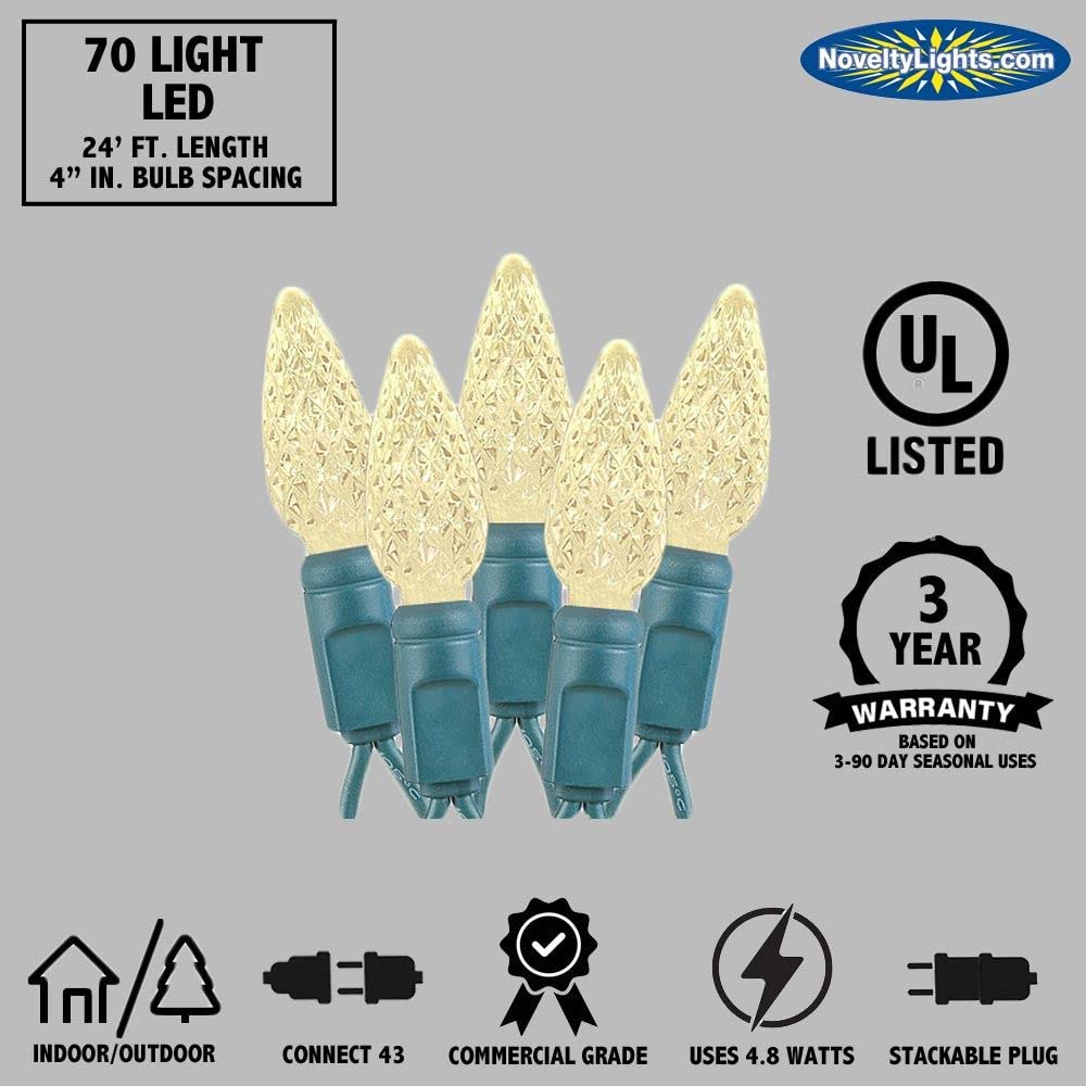Novelty Lights C6 LED Christmas Mini Light Set, Pure White, 70 Lights, 24 Feet, Commercial Grade, Green Wire
