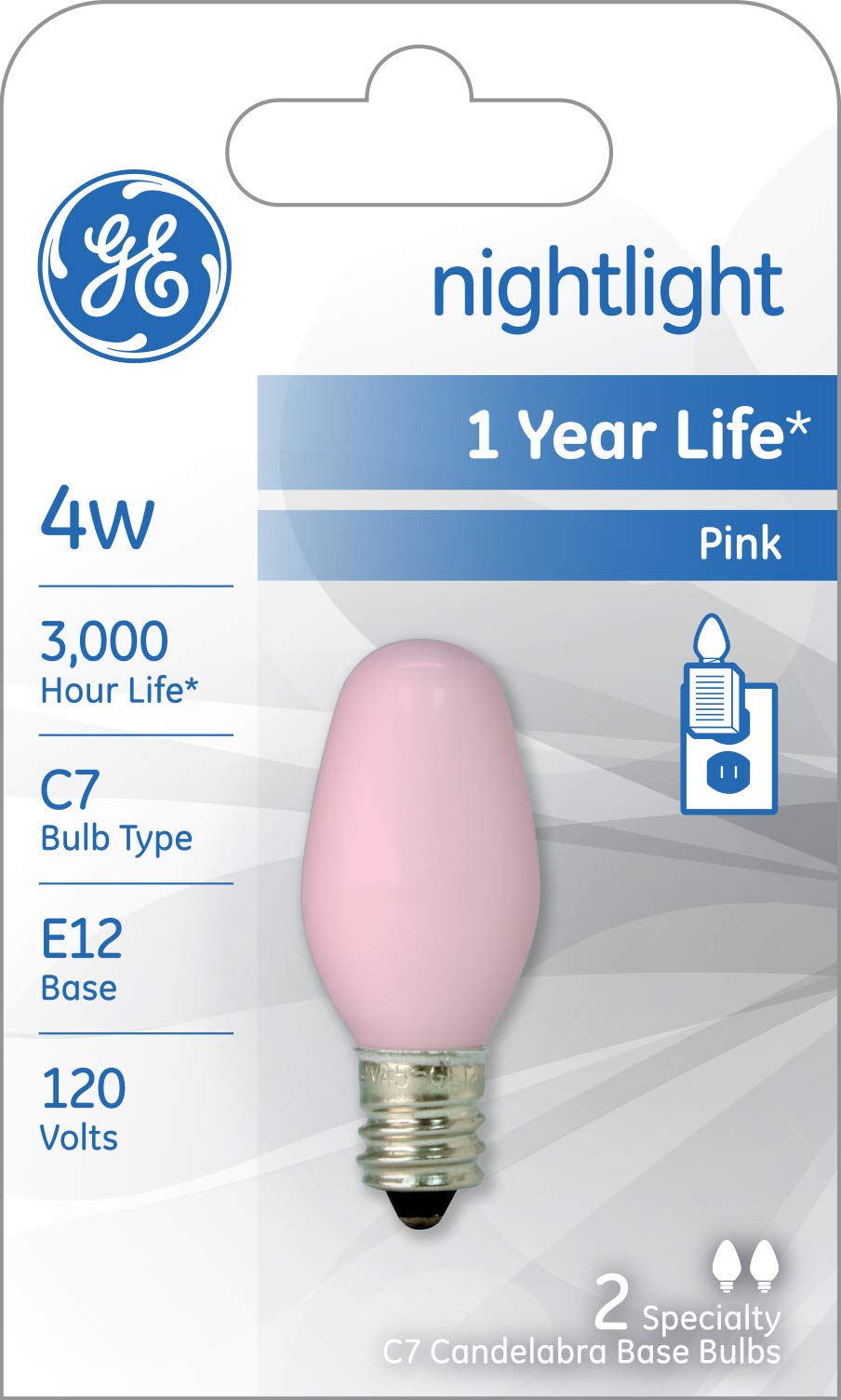 GE 4W C7 Night Light Bulb, 14 Lumen, Pink, 2-Pack, Aluminum Oxide, Model 26222