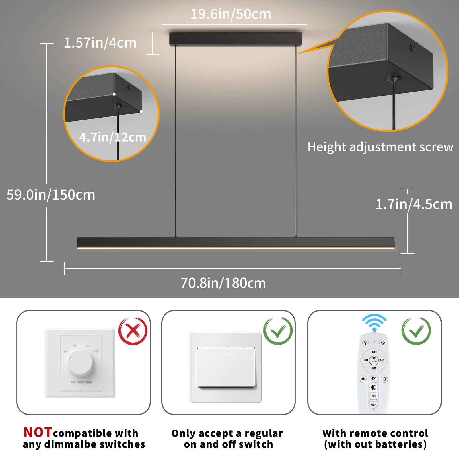 Lannlker 71In Led Dimmable Pendant Light, Adjustable 3000K-6000K Chandelier For Kitchen &