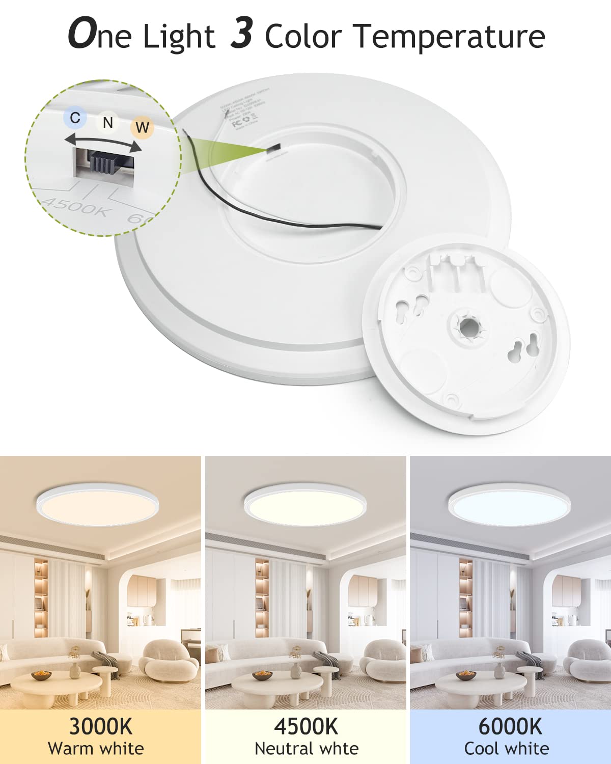 6Pack Flush Mount Led Ceiling Light Fixture White, 12Inch 28Watt, Dimmable & 3000K-4500K-6000K 3 Color Selectable Ceiling Lamp 3