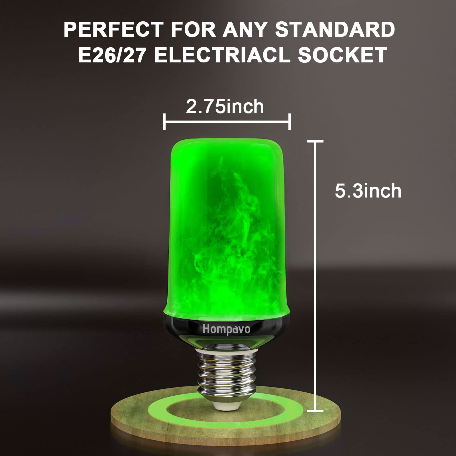 Hompavo LED Flame Light Bulbs, Green Flickering Effect, E26, 2 Count, Polycarbonate, Model HP-FLB-04
