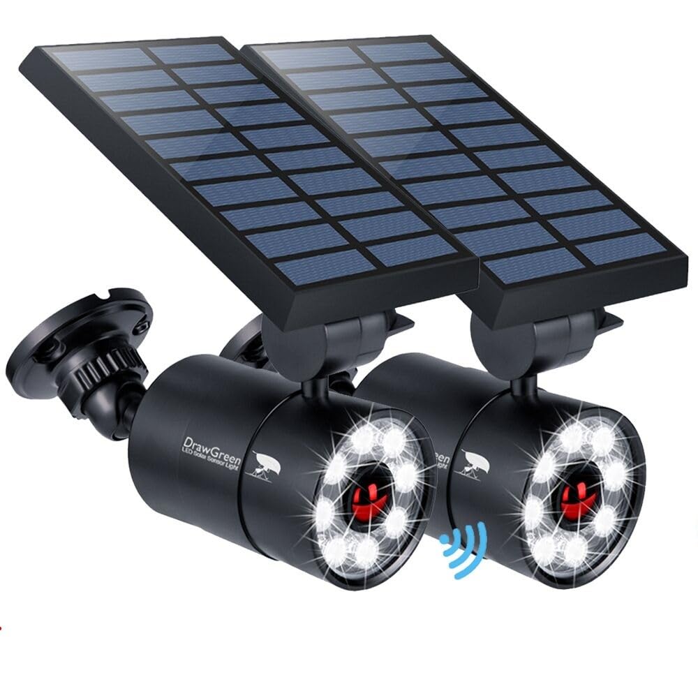 DrawGreen Solar Motion Sensor Light, 1400-Lumen, 9-Watt, Outdoor Waterproof, Black, Model DG08-S2b, Patio Wall Lights