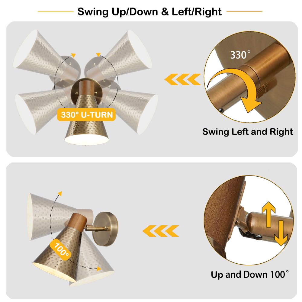 Dsmjfu Gold Wall Sconces Set Of Two, Vintage Rotateable Wall Light Set Of 2, Bedside Sconces Wall Lamp With Hammered Metal Shade, Modern Brass Wood Sconce Wall Lighting For Bedroom Living Room Hallway