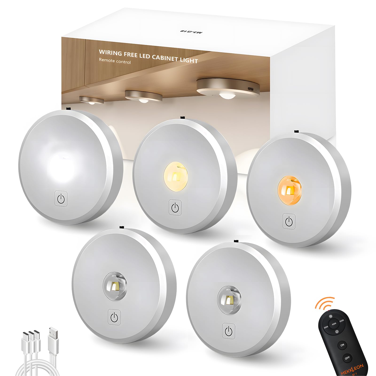 MICLIONLED Puck Lights Cordless with Remote Control, 2200mAh Rechargeable, Dimmable, Silver, 5PCS, Model M3-GB18