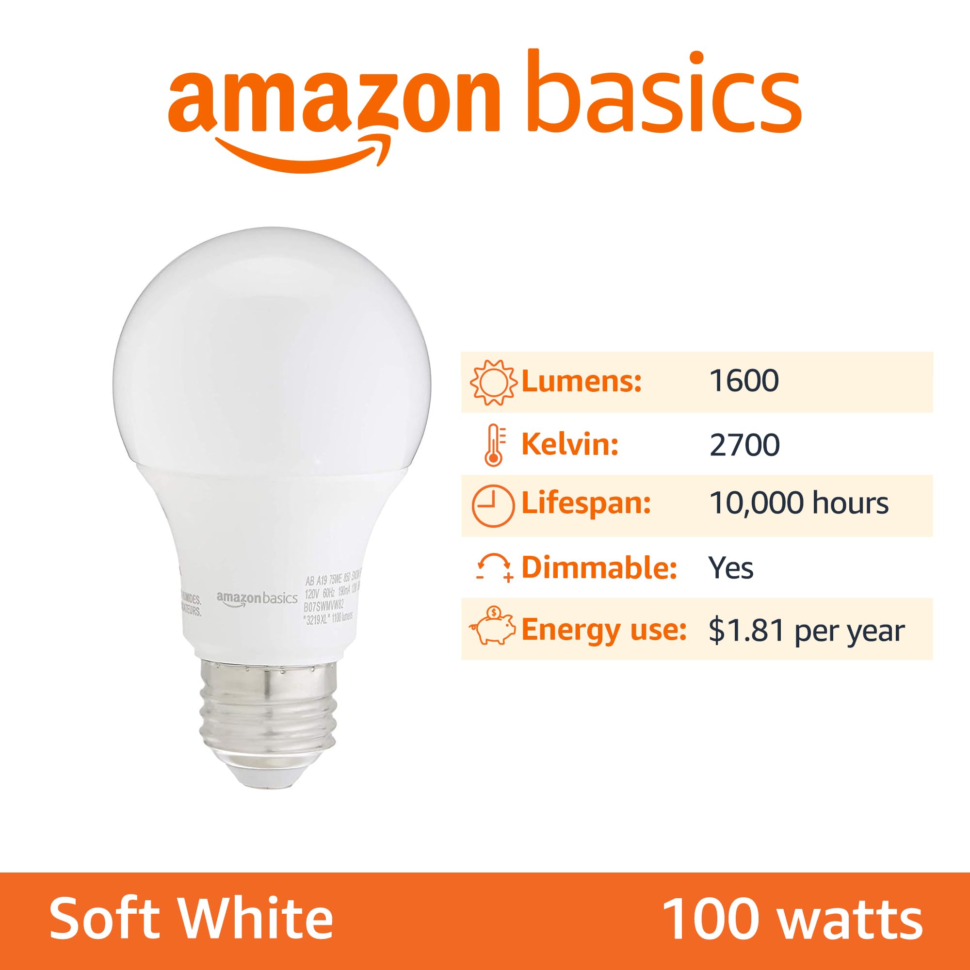 Amazon Basics A19 Led Light Bulbs, 100 Watt Equivalent, Energy Efficient 15W, E26 Standard Base, Soft White 2700K, Dimmable, 10,